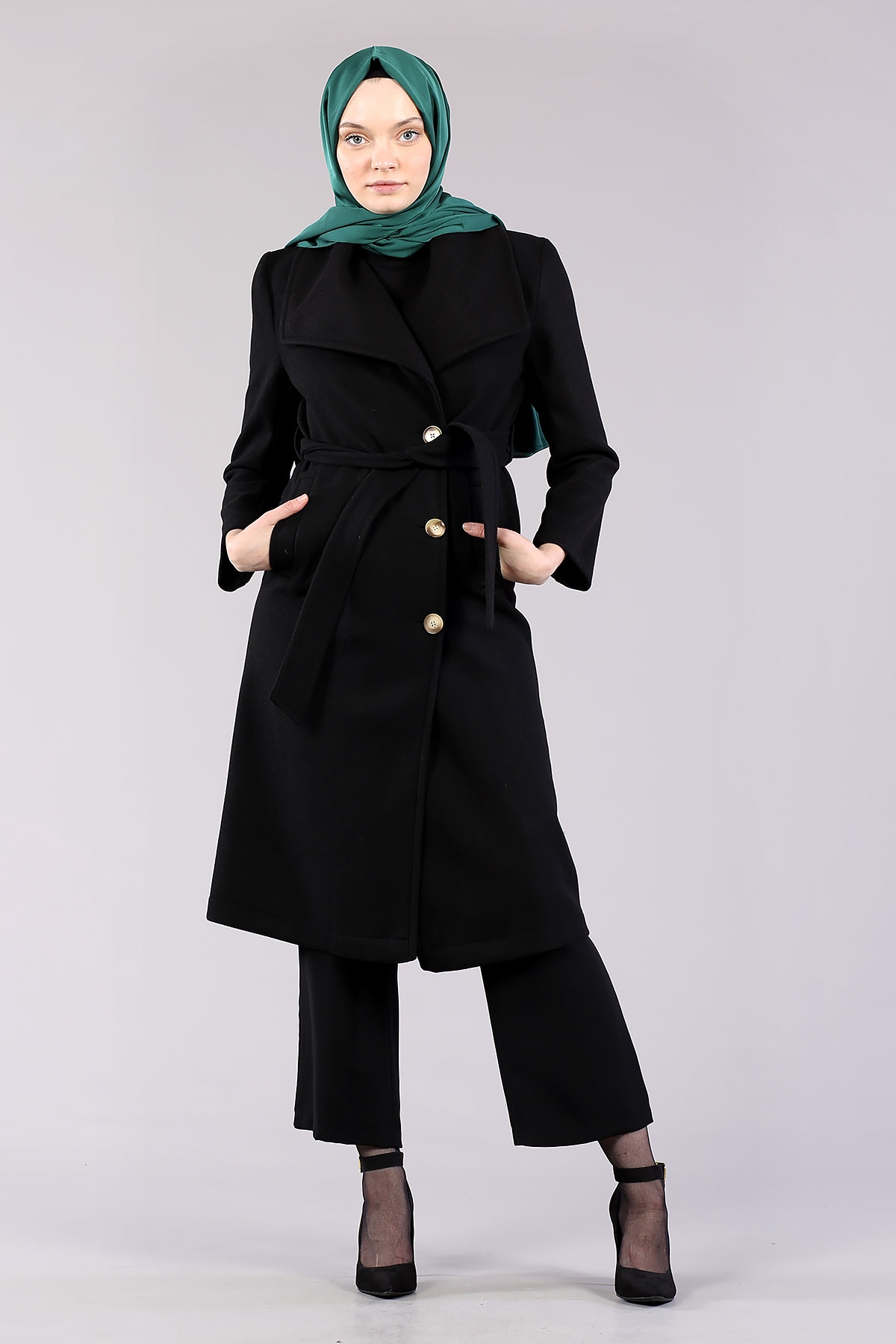 28311 Geniş Yaka Palto S-m-l-xl - Siyah - 1