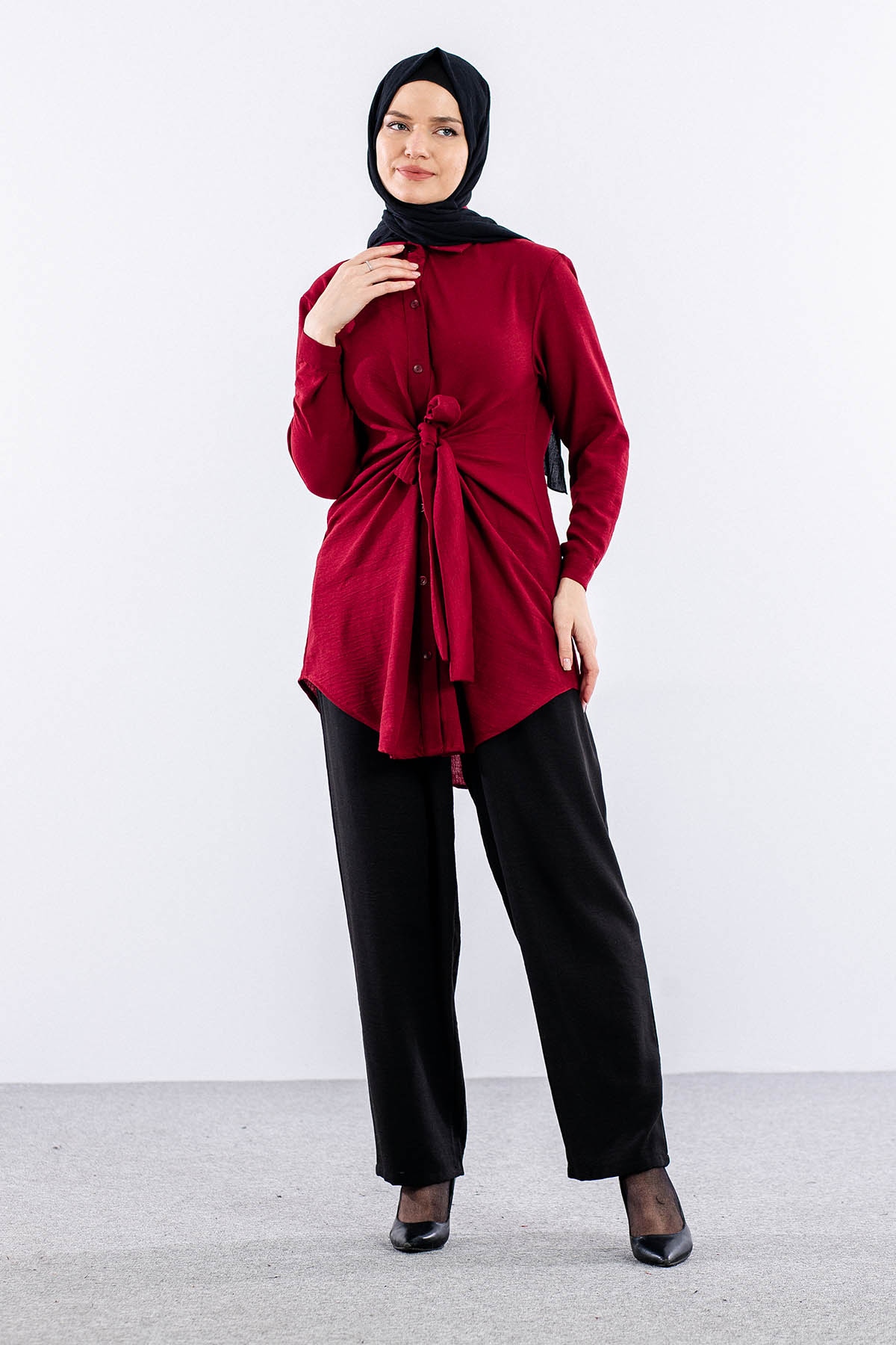 2835-50 Tunik 38-42 Keten Bağli - Bordo - 1