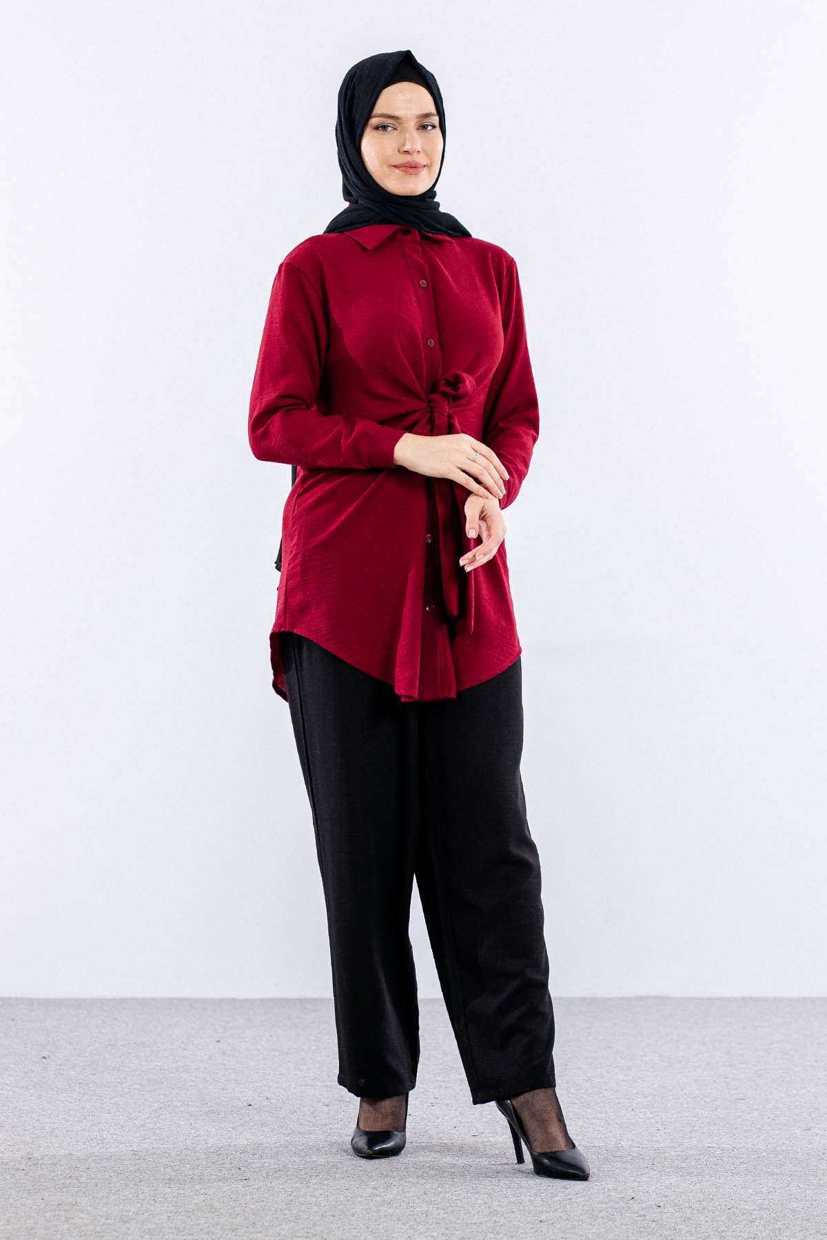 2835-50 Tunik 38-42 Keten Bağli - Bordo - 2