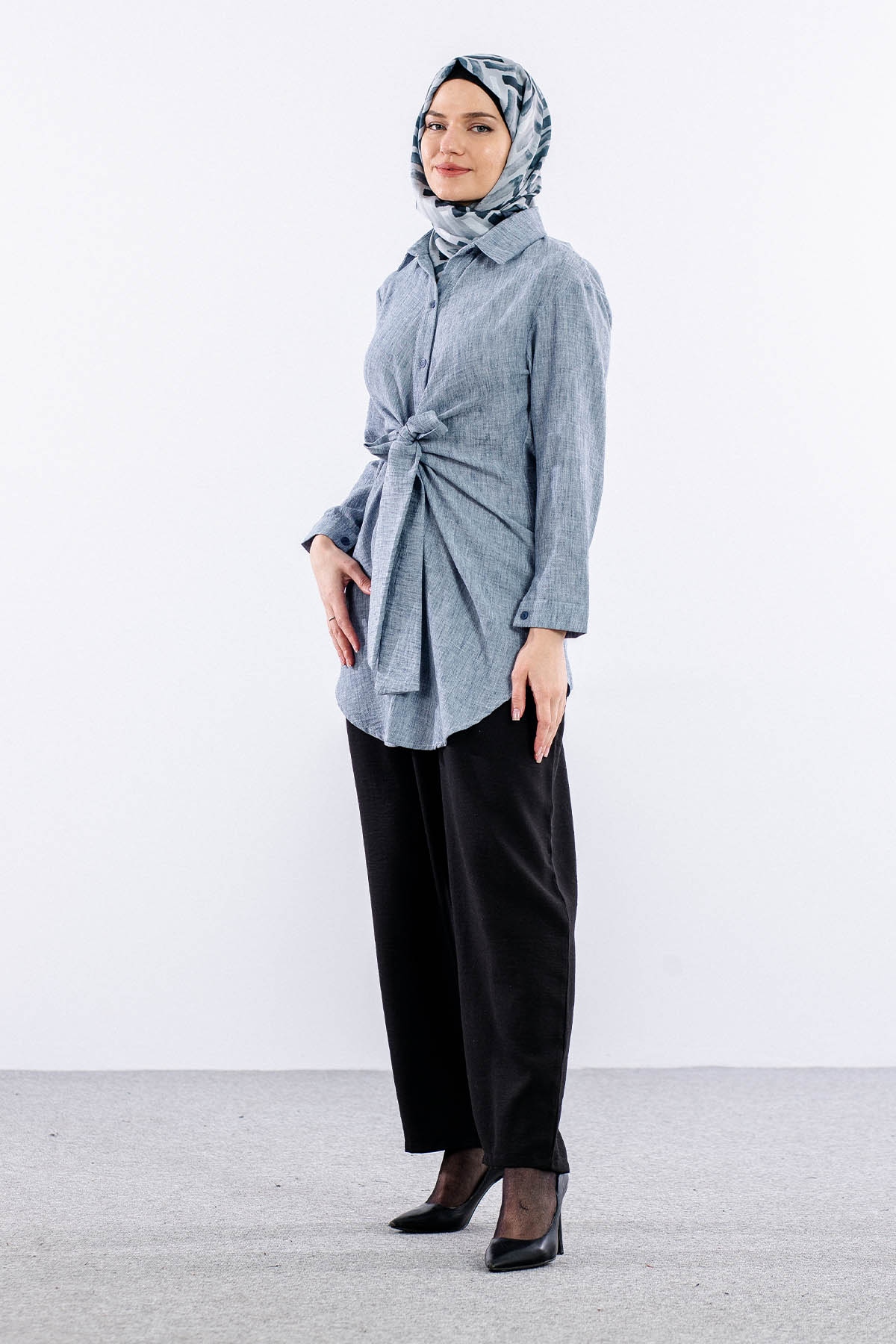 2835-50 Tunik 38-42 Keten Bağli - Gri - 3