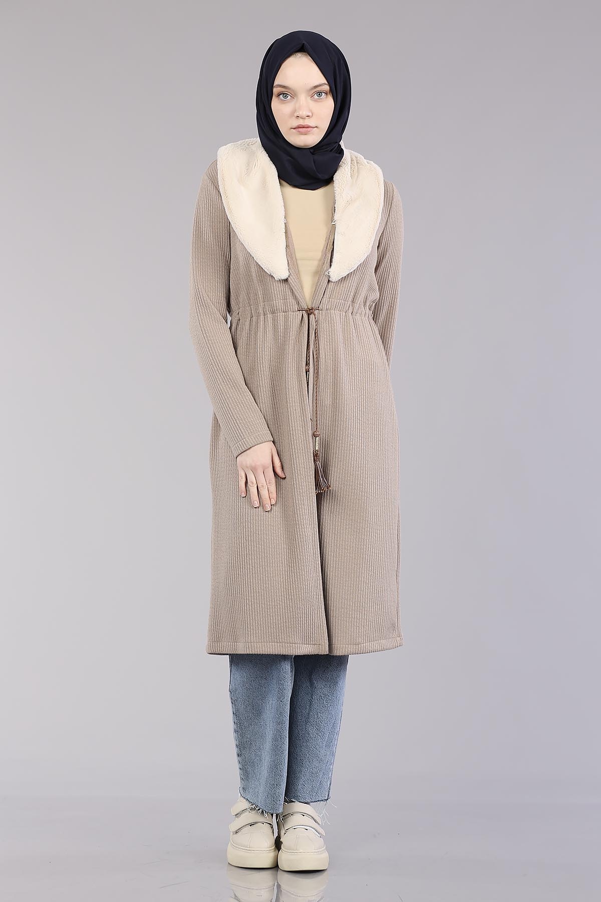 28948 Peluş Yaka Hirka Tek - Toprak - 1