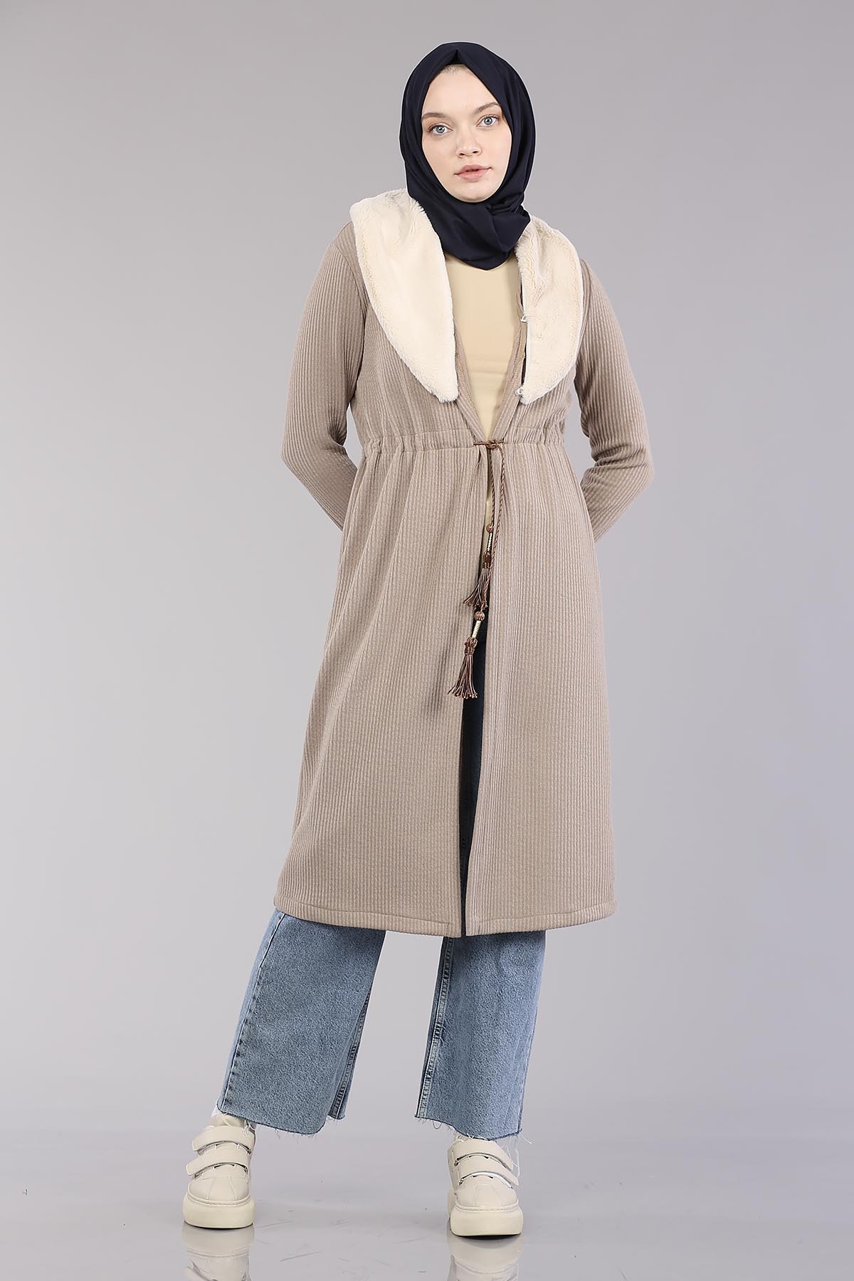 28948 Peluş Yaka Hirka Tek - Toprak - 2