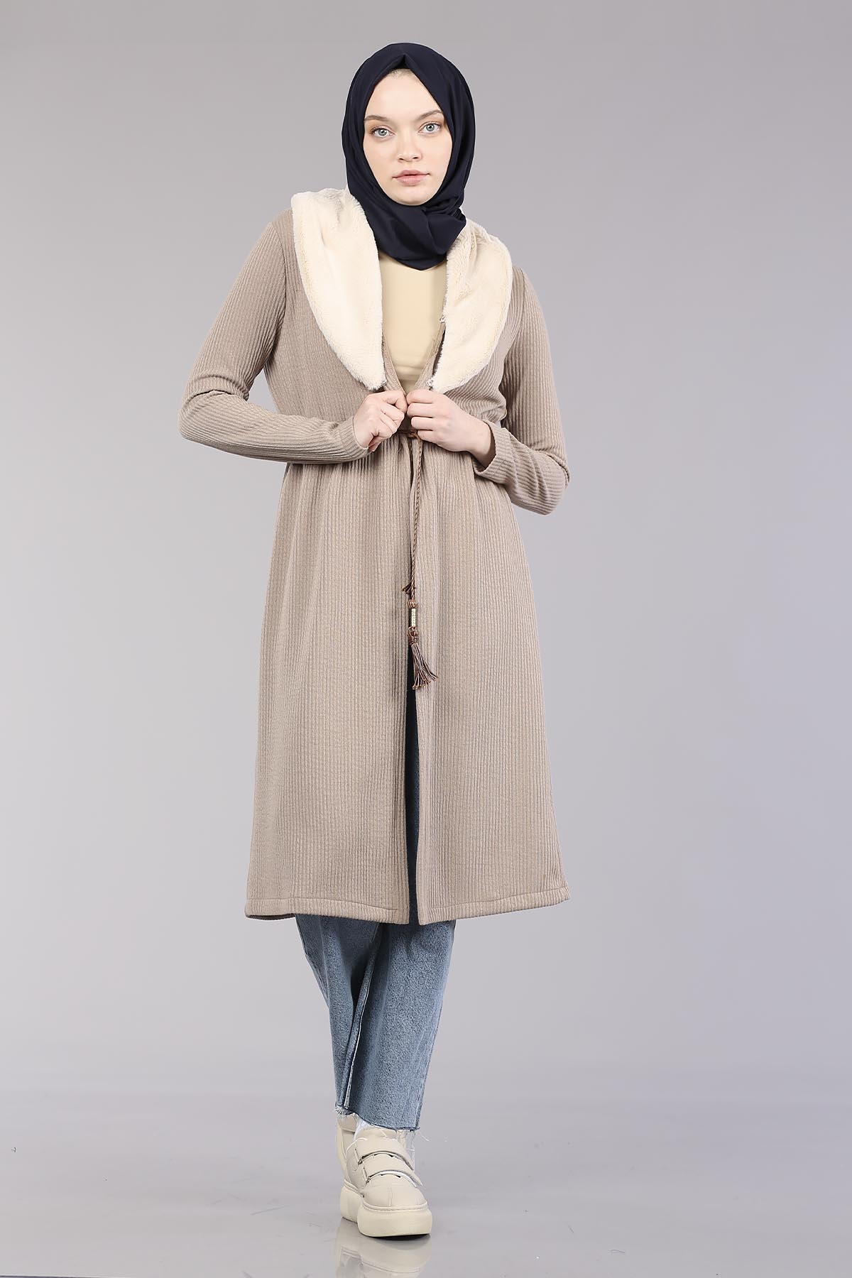 28948 Peluş Yaka Hirka Tek - Toprak - 3