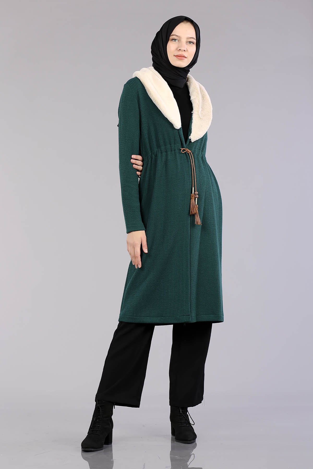 28948 Peluş Yaka Hirka Tek - Zumrut - 1