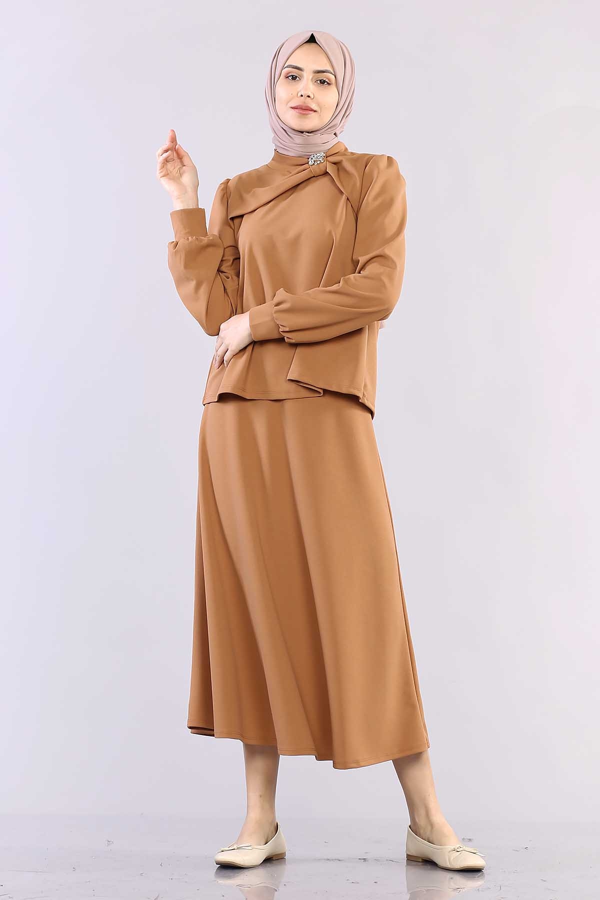 28960 Yaka Taş Takim Etek S-l - Camel - 2