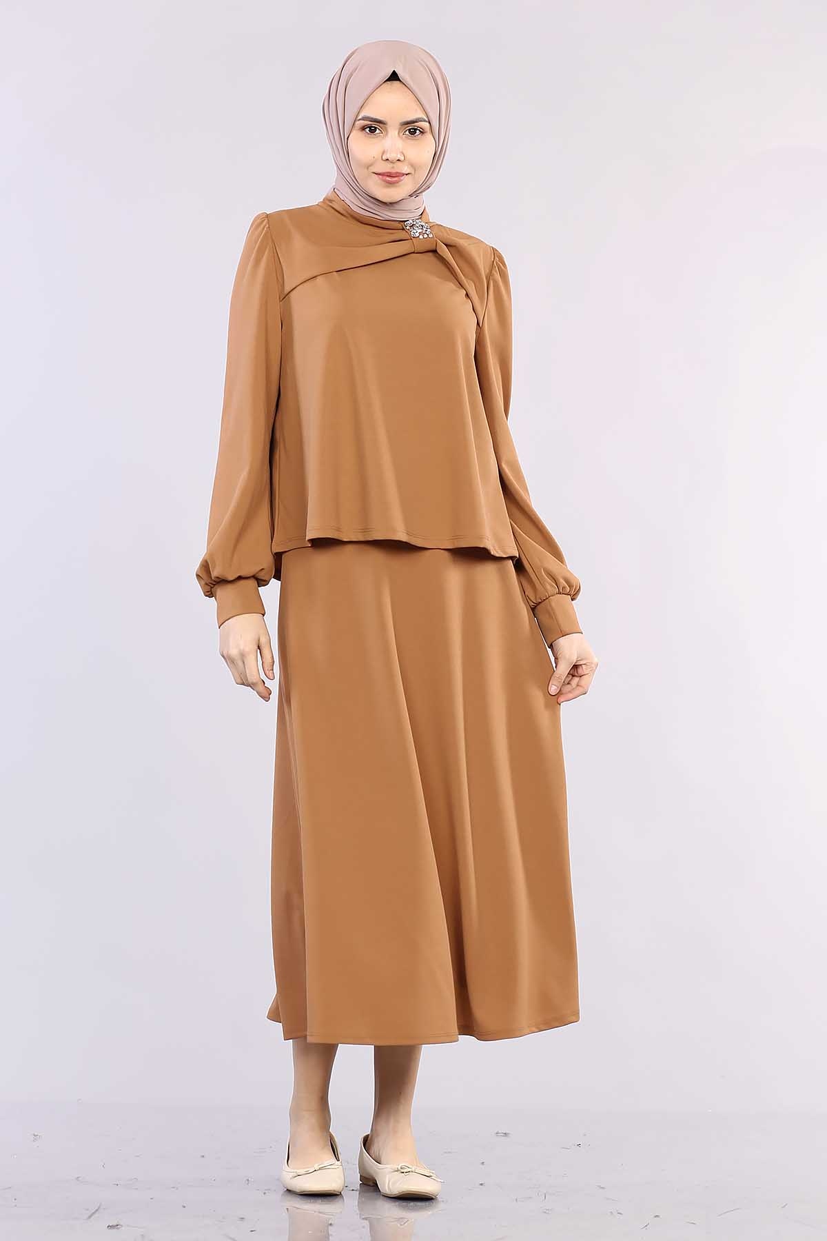 28960 Yaka Taş Takim Etek S-l - Camel - 3