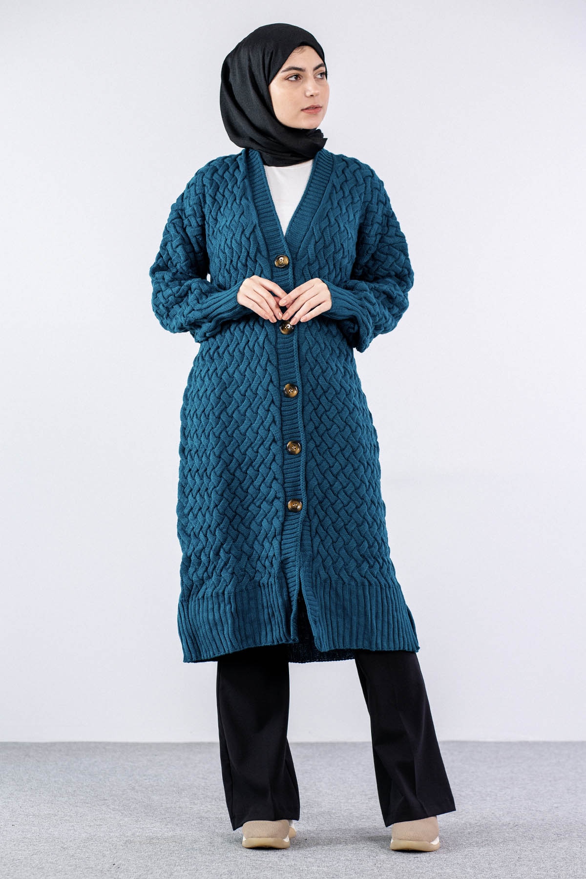 2917 örgü Hirka Tek - Petrol - 1