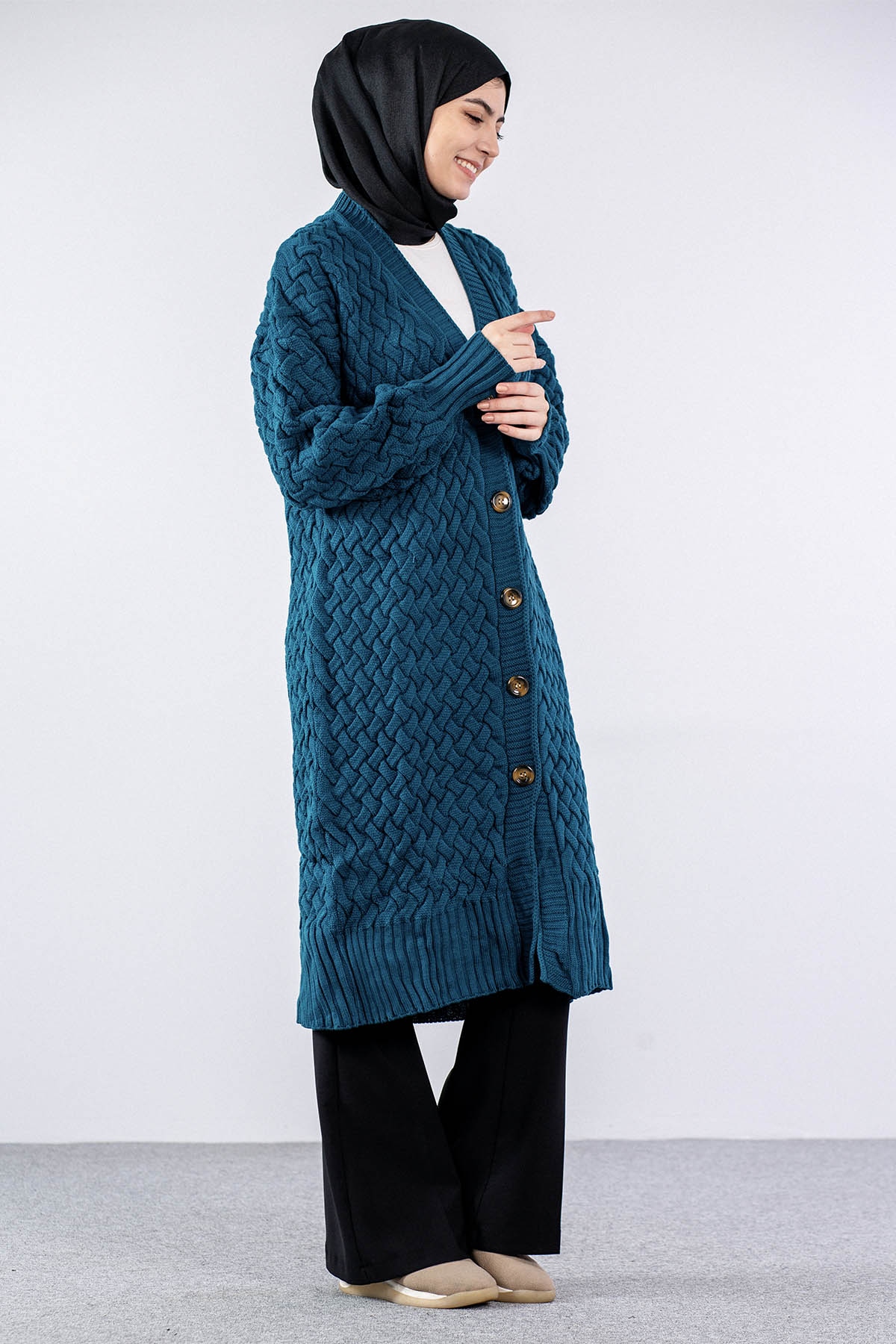 2917 örgü Hirka Tek - Petrol - 3