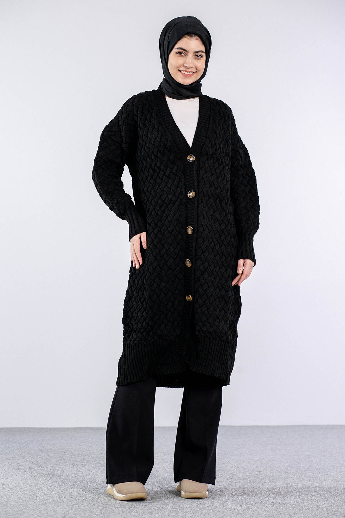 2917 örgü Hirka Tek - Siyah - 1