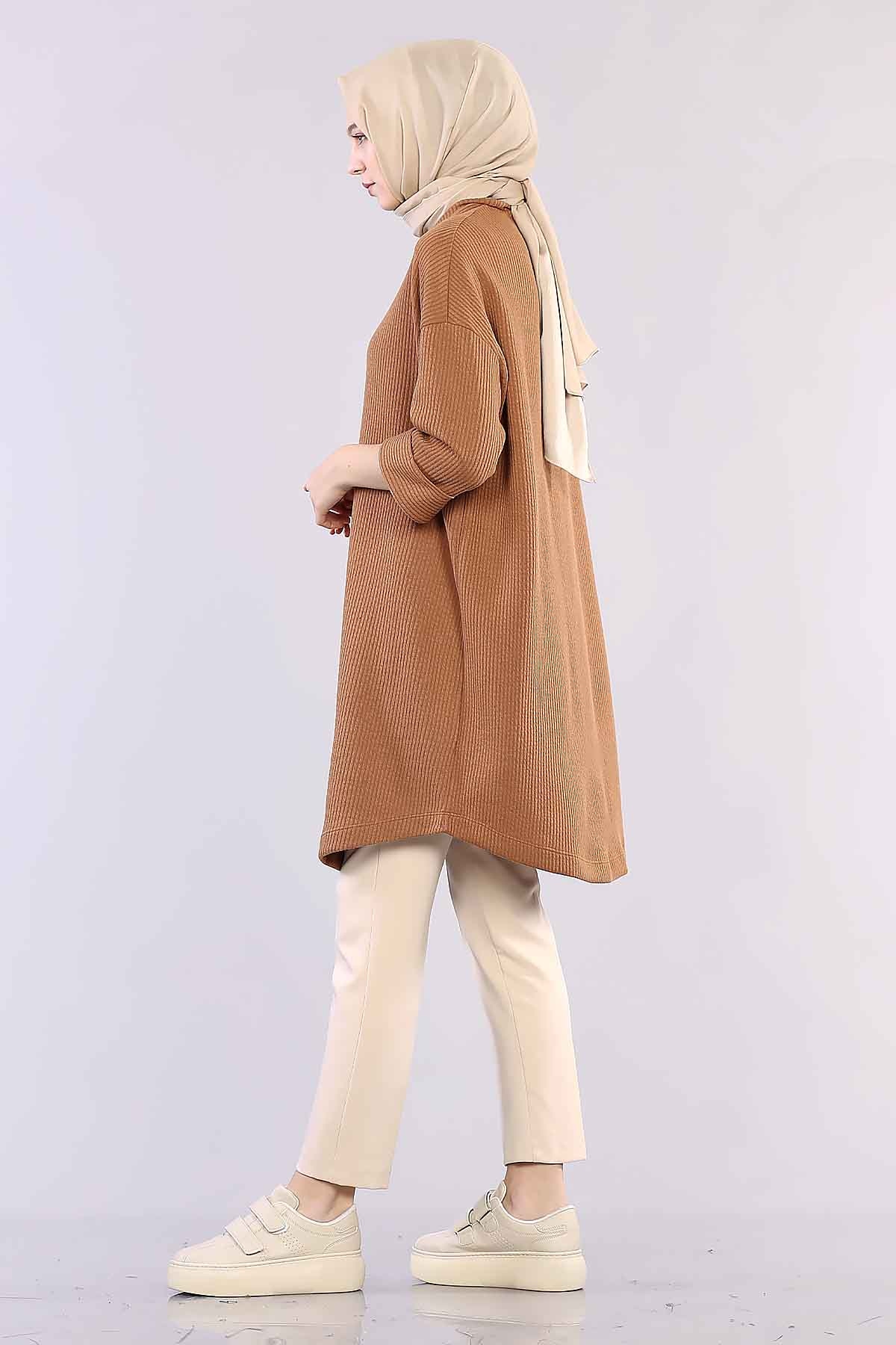 29304 Kol Duble Tunik Tek - Camel - 2