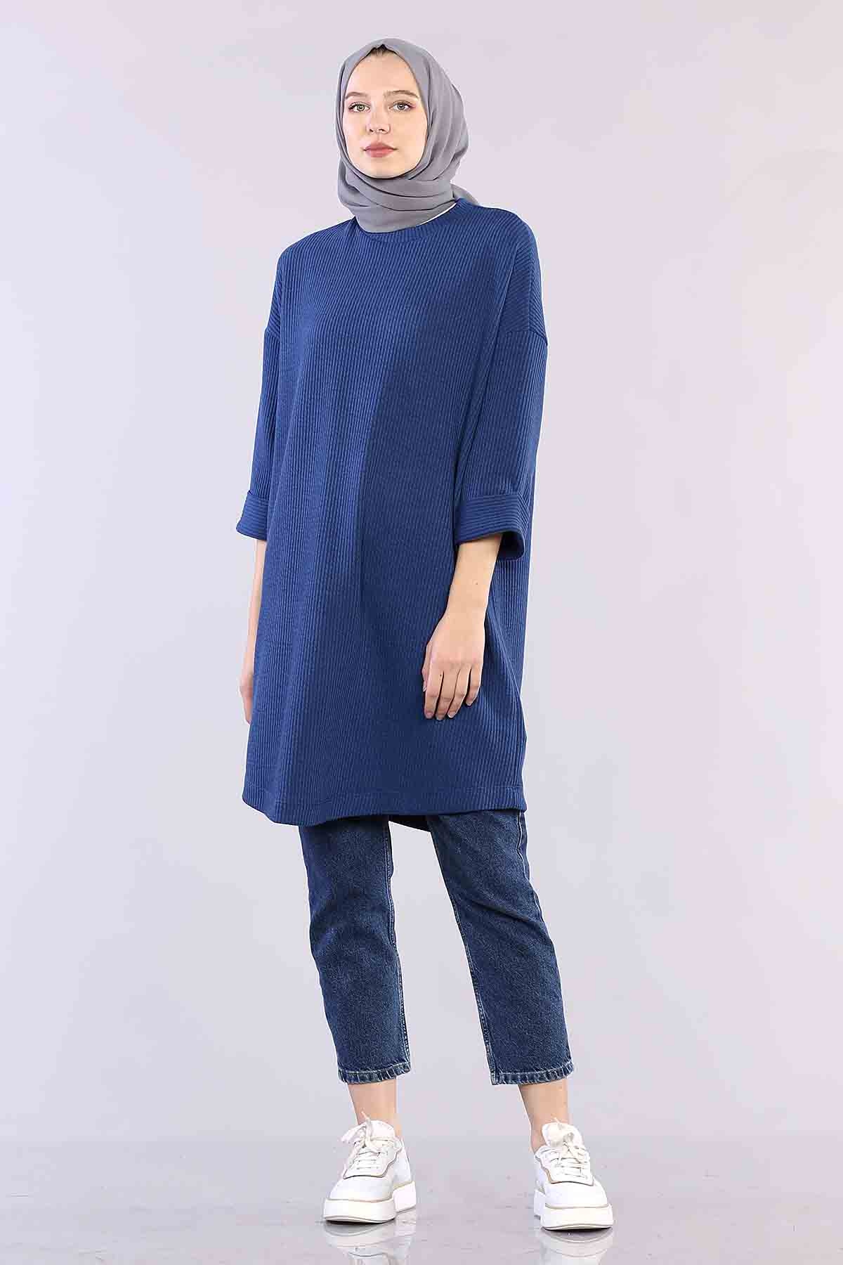 29304 Kol Duble Tunik Tek - Indigo - 1