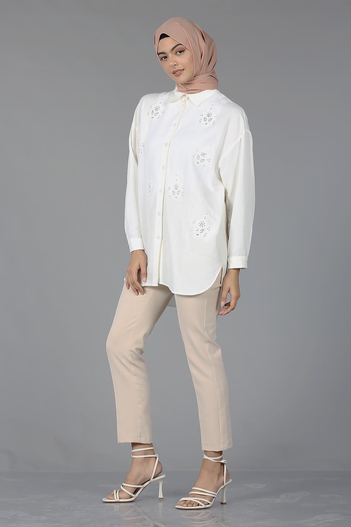 29632 Keten Tunik Tek - Ekru - 4