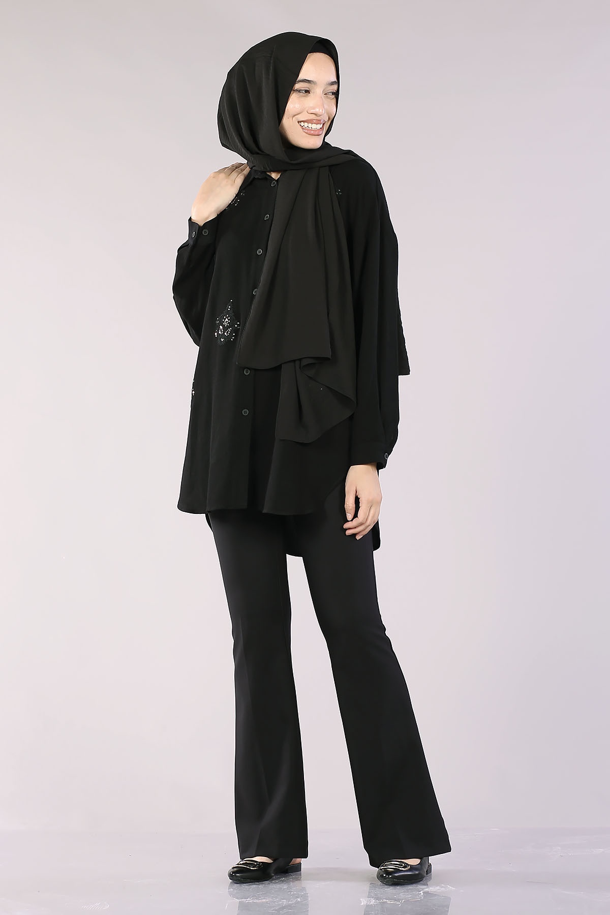 29632 Keten Tunik Tek - Siyah - 2