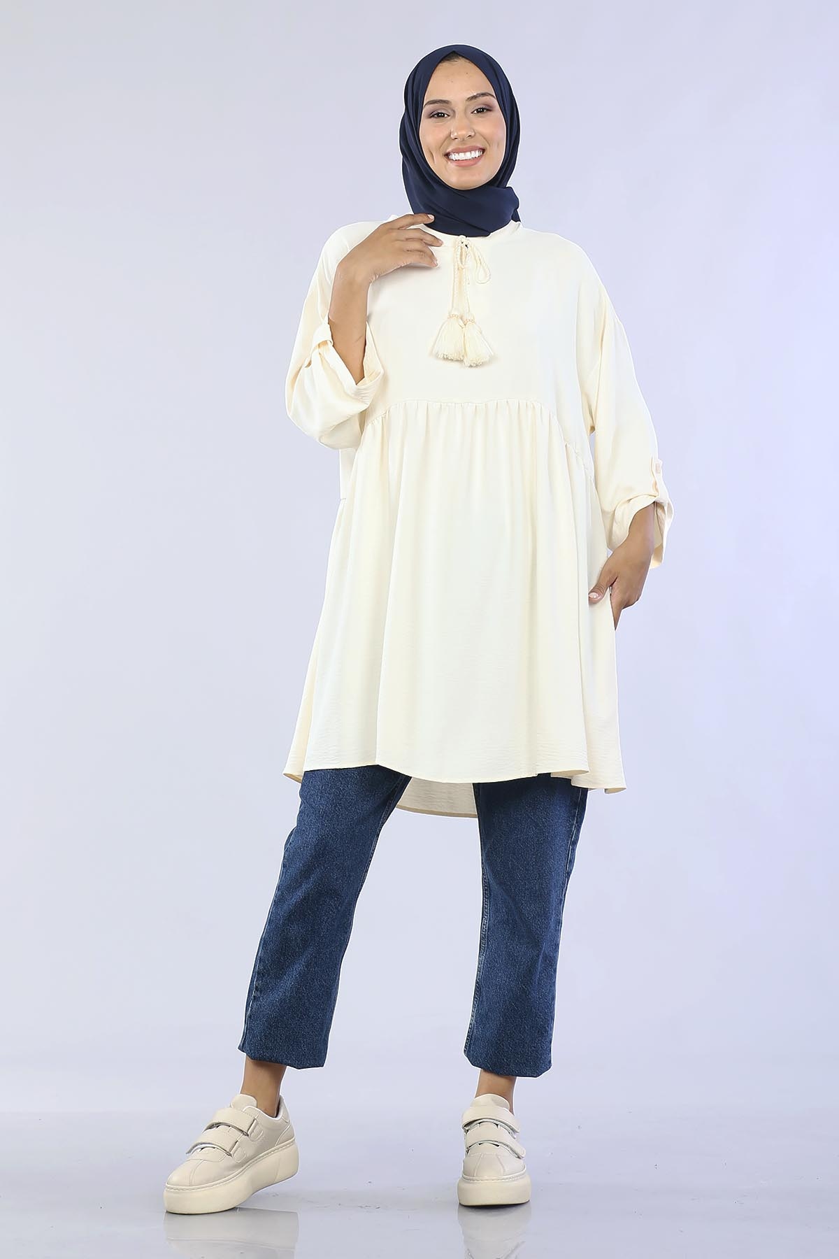 29863 Keşık Büzgü Tunik Tek - A.bej - 2