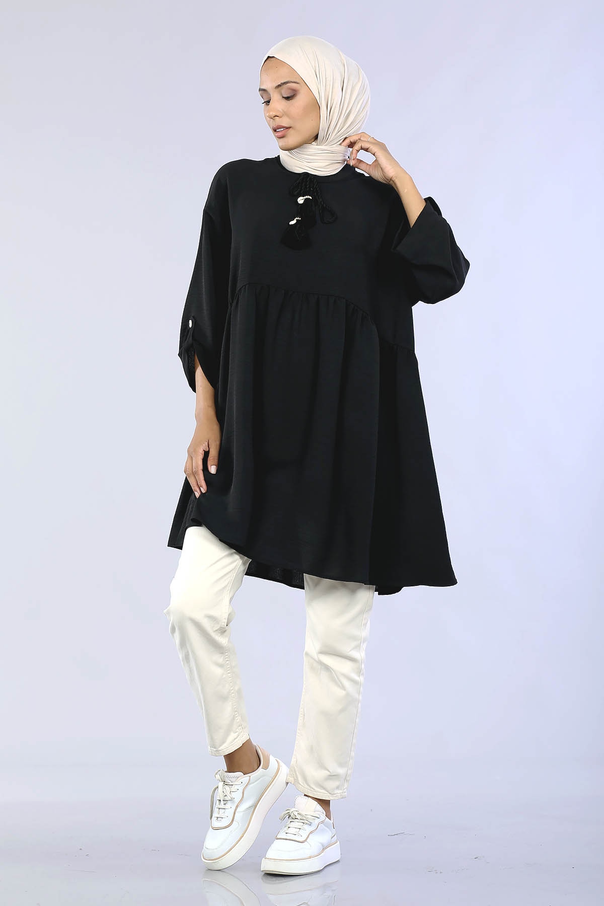 29863 Keşık Büzgü Tunik Tek - Siyah - 1