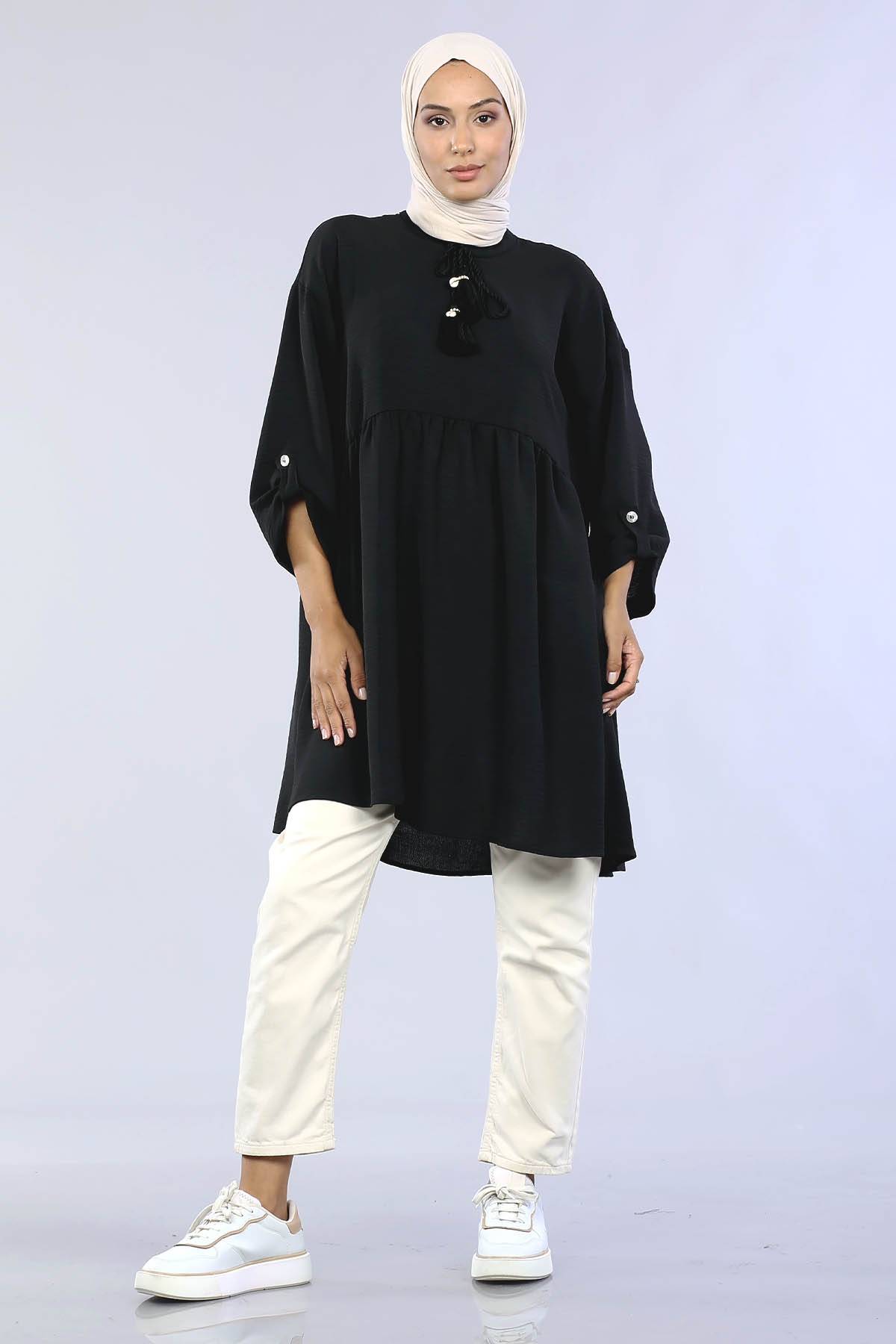 29863 Keşık Büzgü Tunik Tek - Siyah - 2
