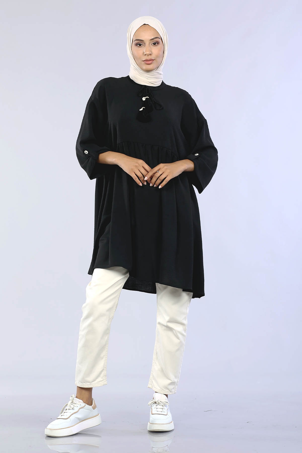 29863 Keşık Büzgü Tunik Tek - Siyah - 3