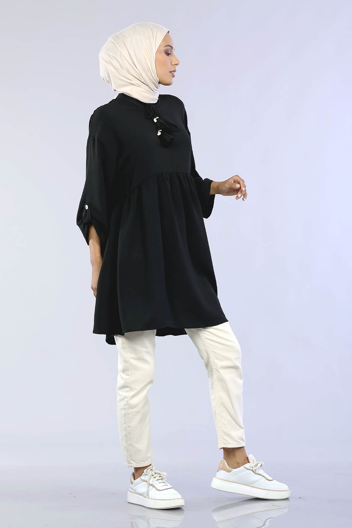 29863 Keşık Büzgü Tunik Tek - Siyah - 4