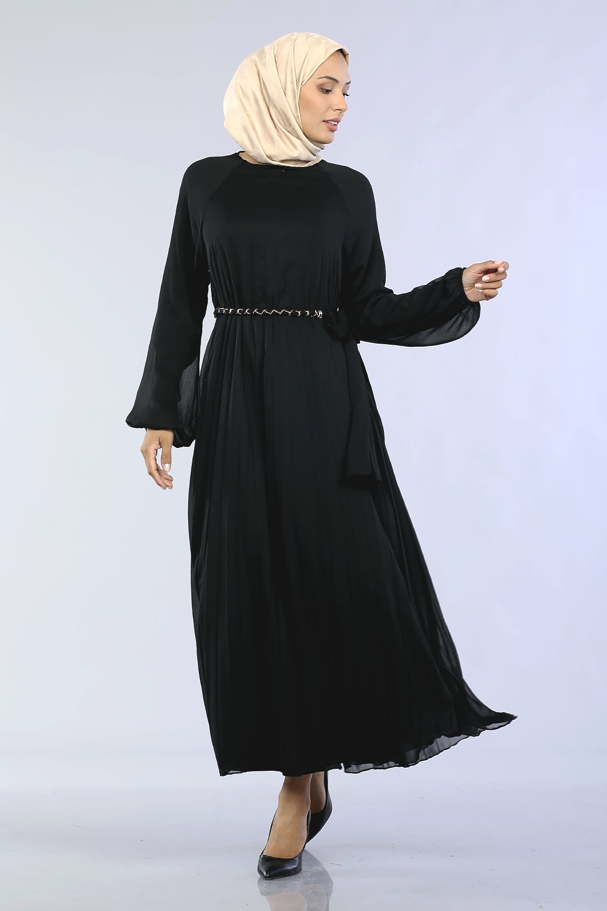 29871 Plise Zincir Elbise S-xl - Siyah - 1