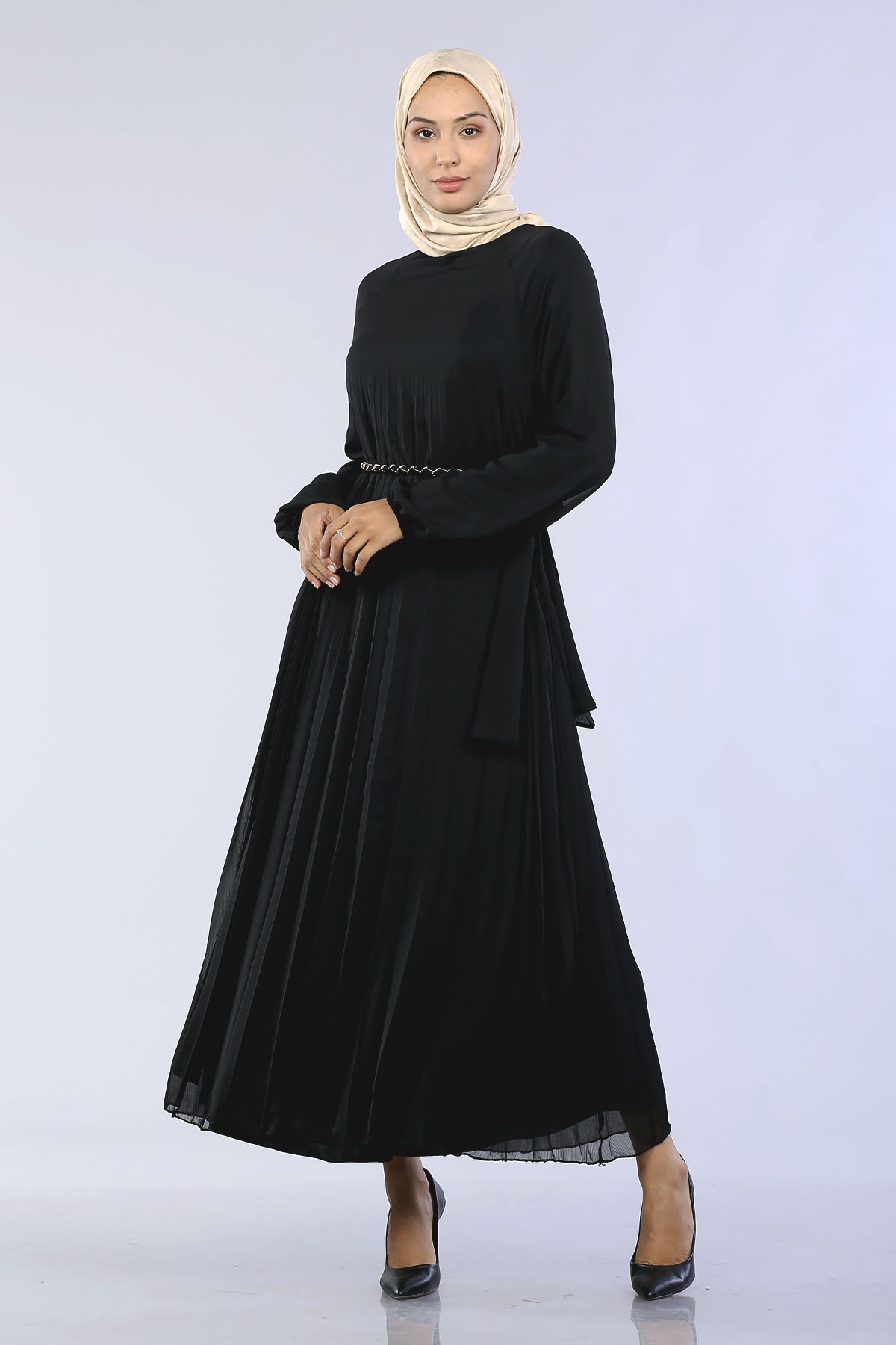 29871 Plise Zincir Elbise S-xl - Siyah - 2
