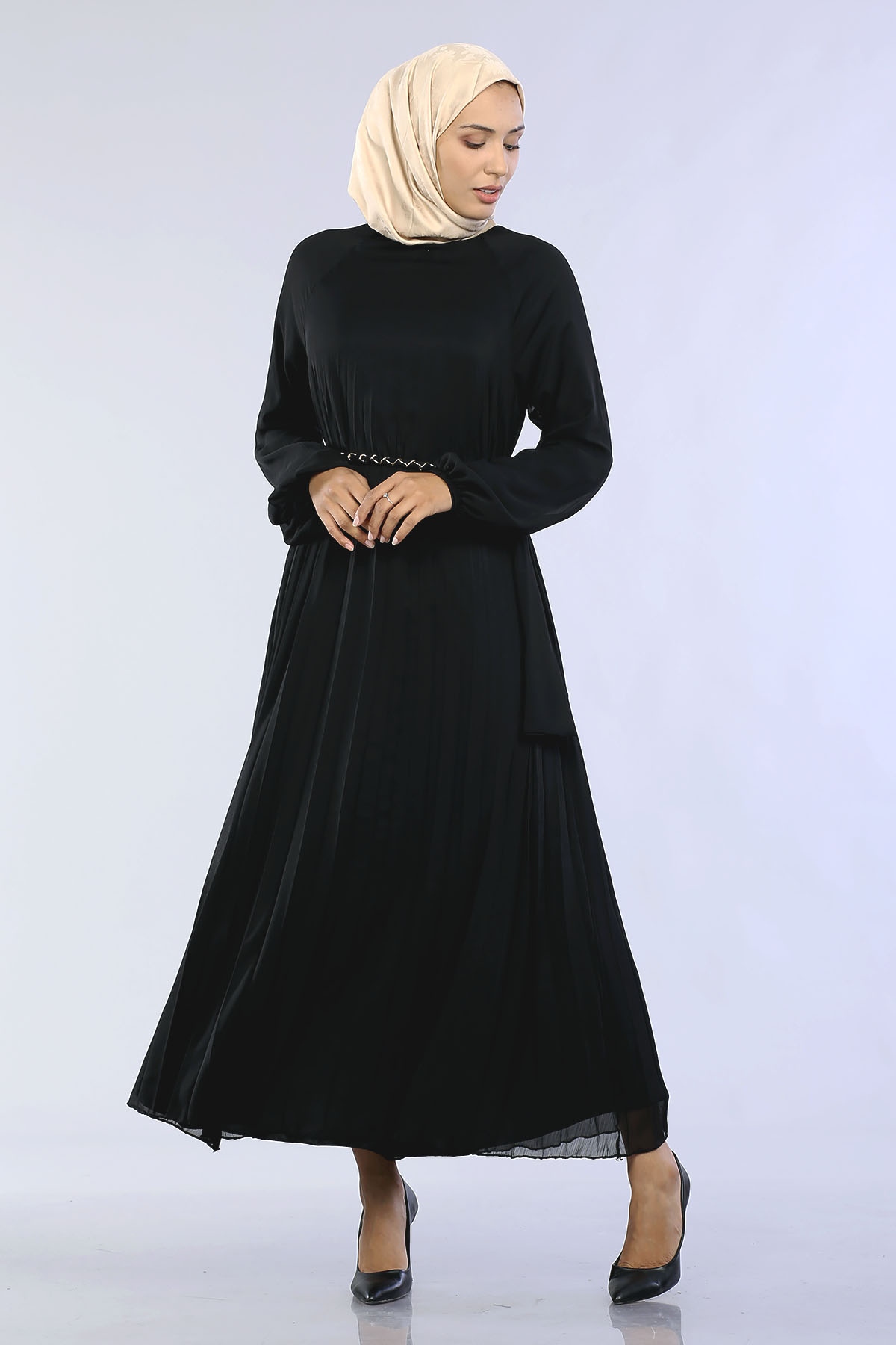 29871 Plise Zincir Elbise S-xl - Siyah - 3