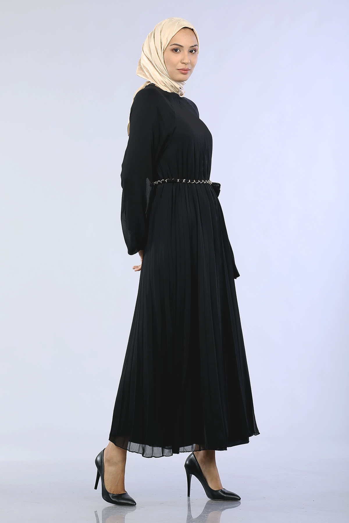 29871 Plise Zincir Elbise S-xl - Siyah - 4