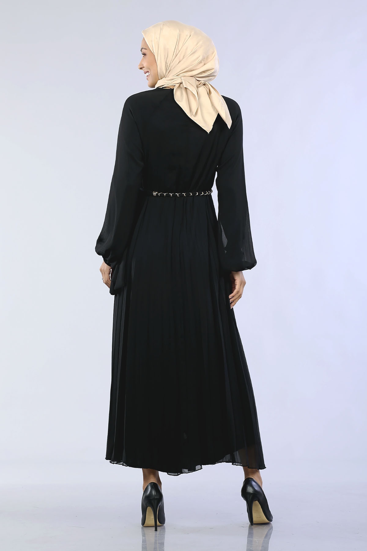 29871 Plise Zincir Elbise S-xl - Siyah - 5