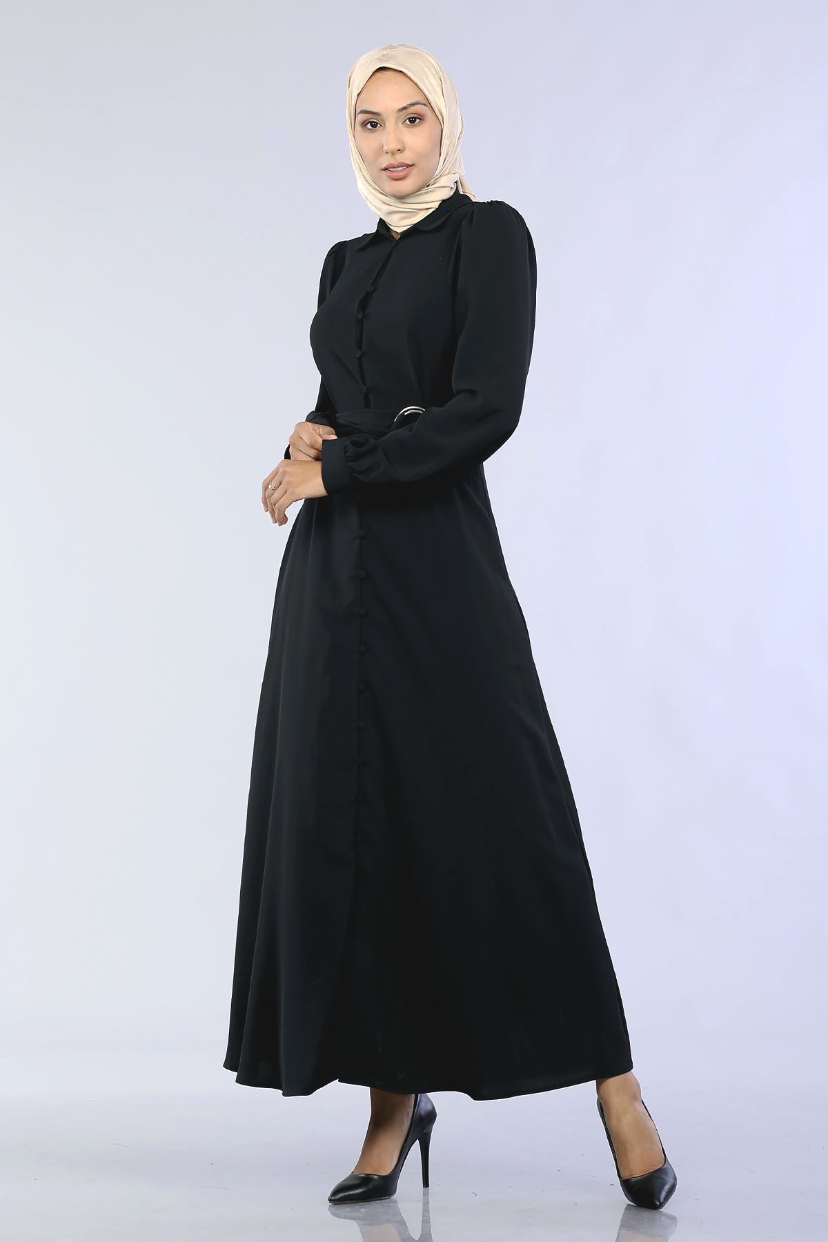 29885 Brit Düğme Elbise S-xl - Siyah - 3