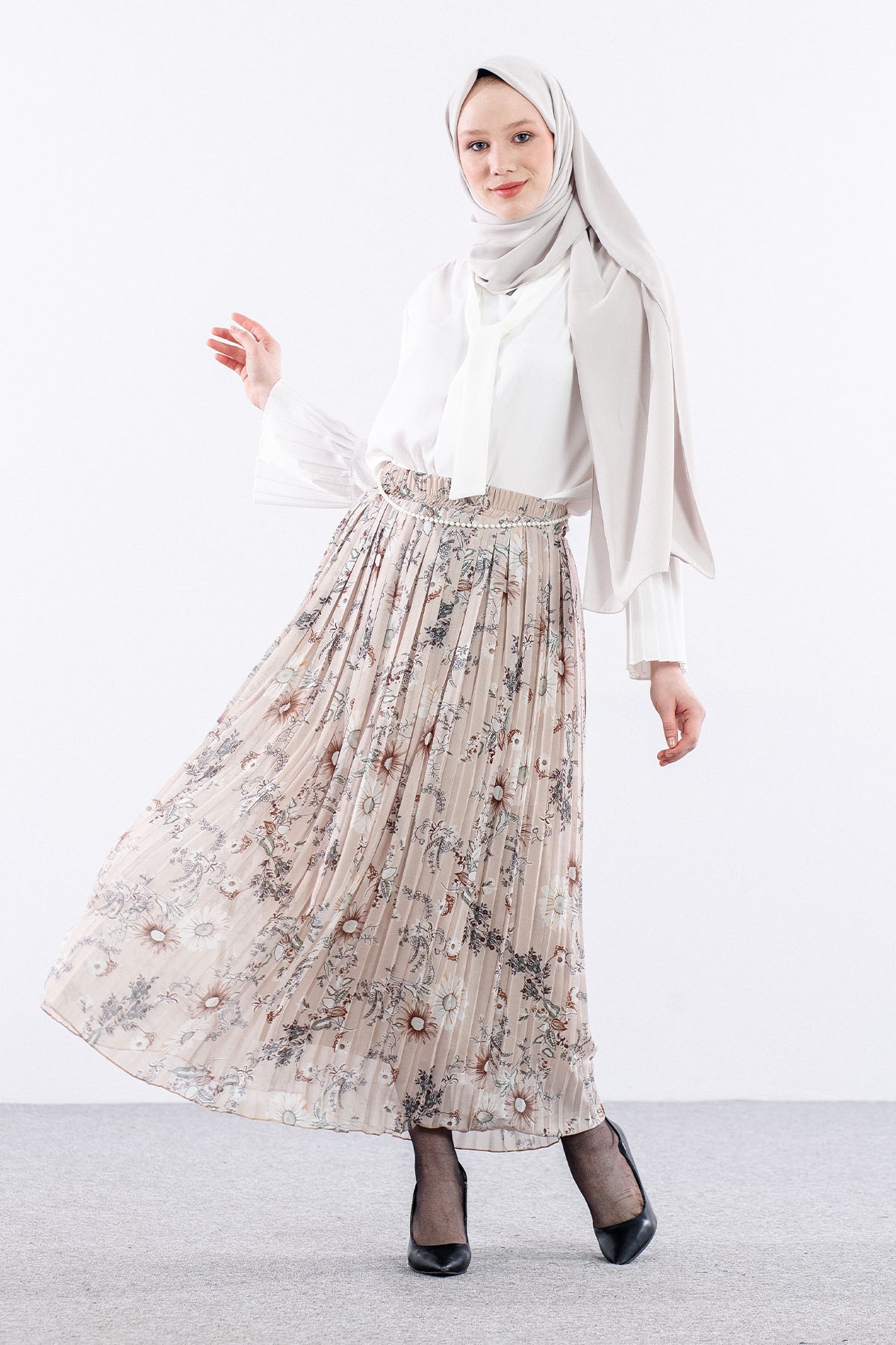 3023 Etek 38-46 Pliseli şifon - Bej - 1