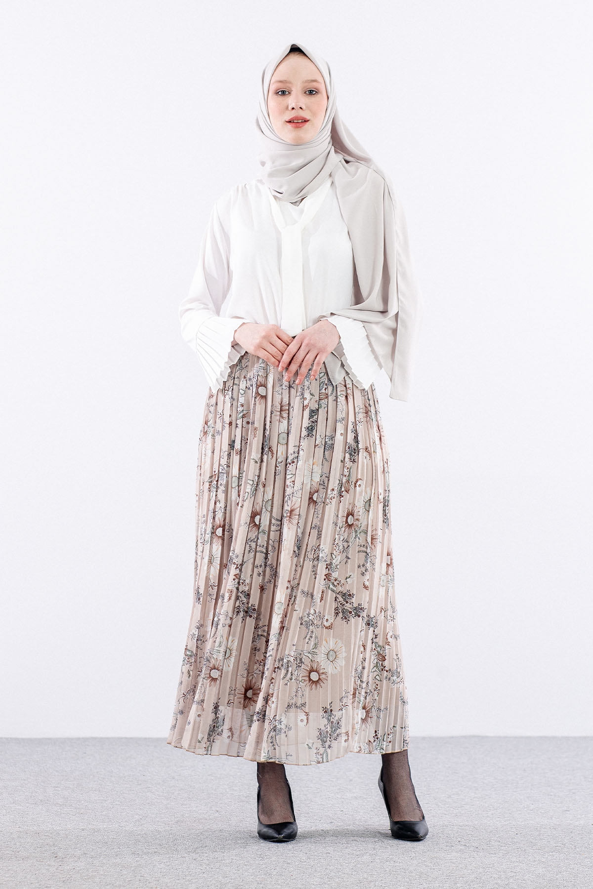 3023 Etek 38-46 Pliseli şifon - Bej - 2