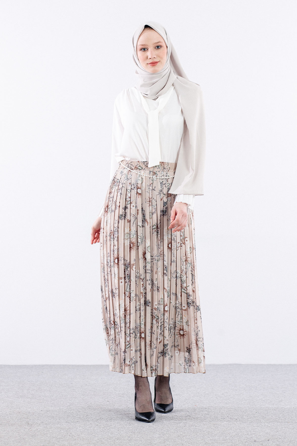 3023 Etek 38-46 Pliseli şifon - Bej - 3