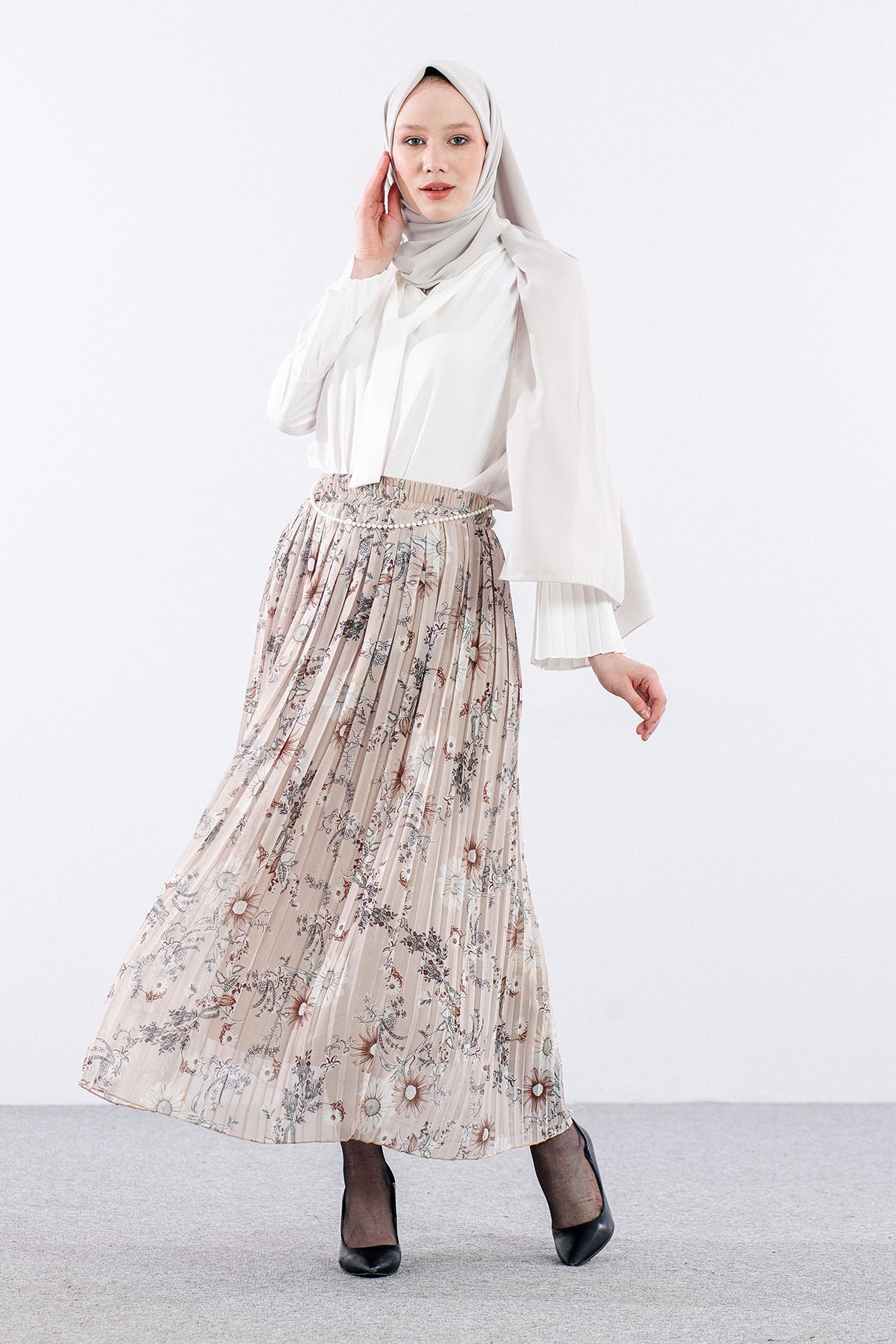 3023 Etek 38-46 Pliseli şifon - Bej - 4