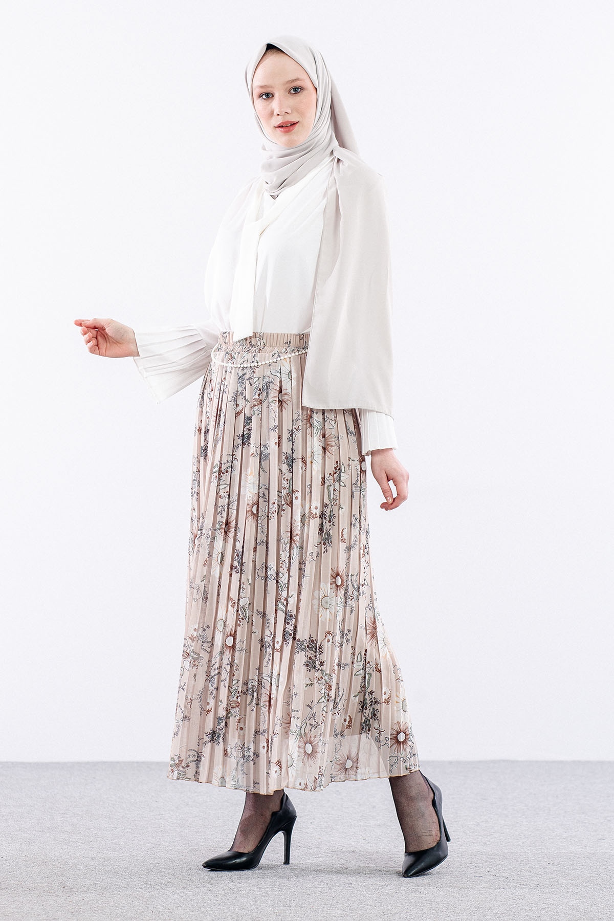 3023 Etek 38-46 Pliseli şifon - Bej - 5