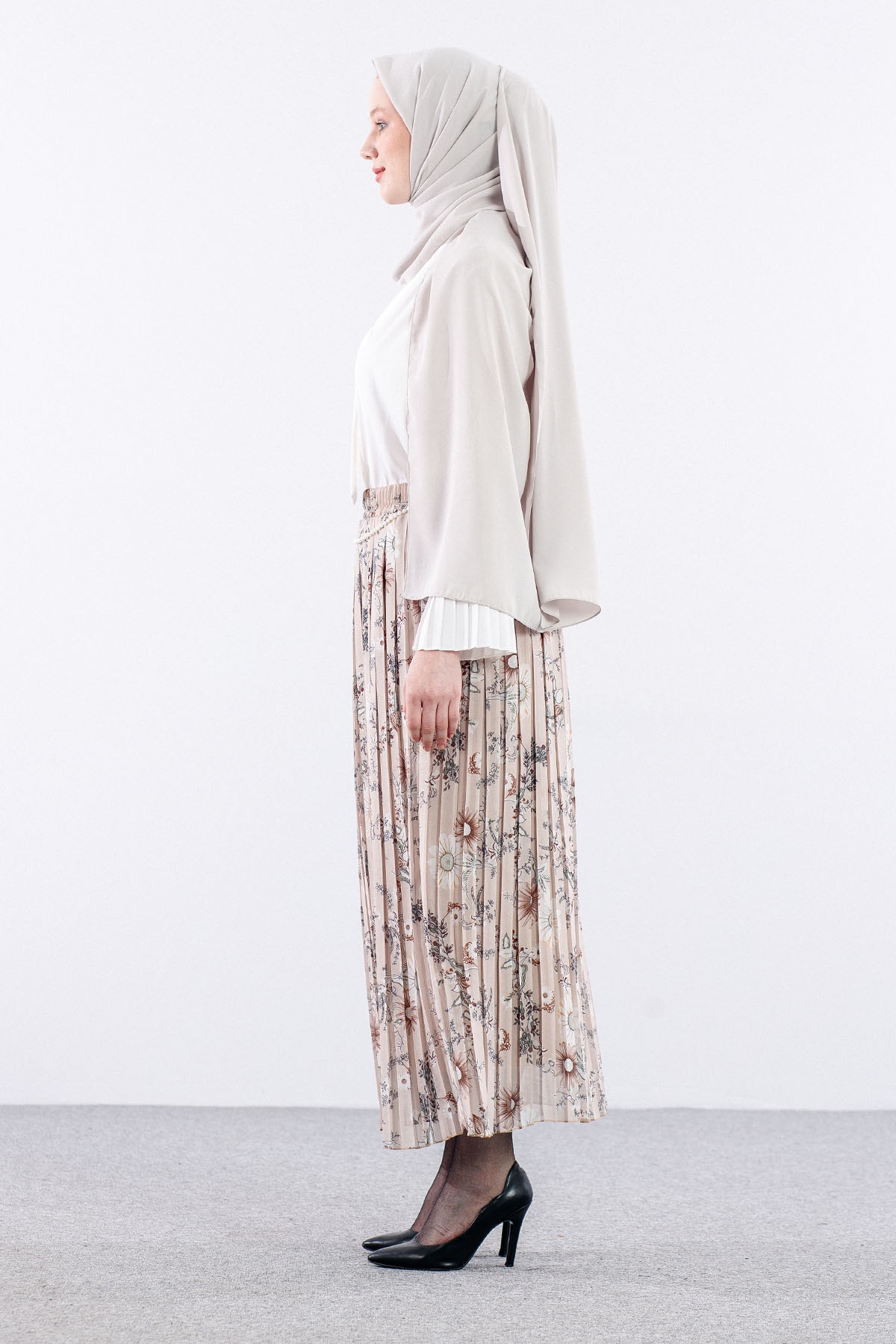 3023 Etek 38-46 Pliseli şifon - Bej - 6