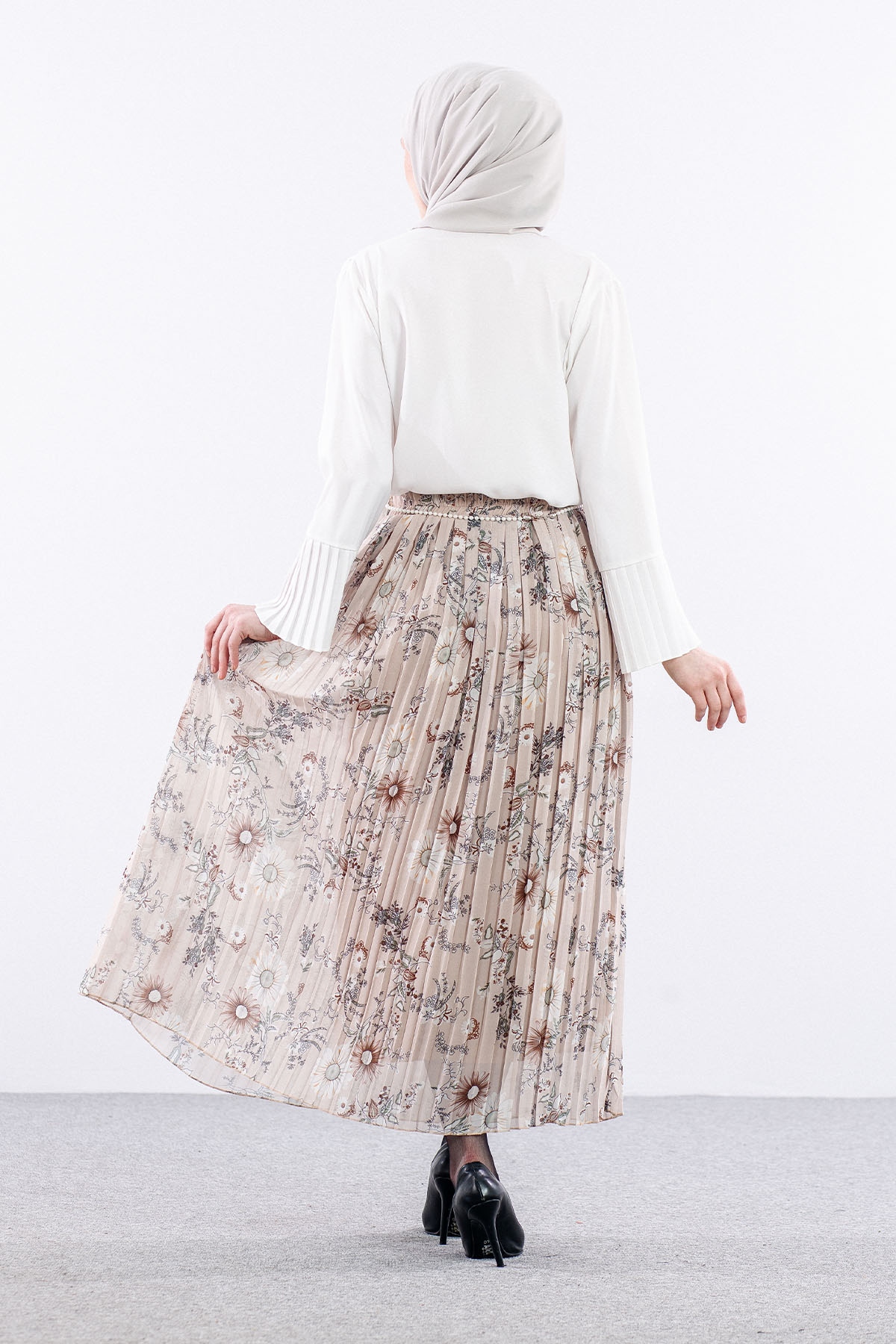 3023 Etek 38-46 Pliseli şifon - Bej - 7