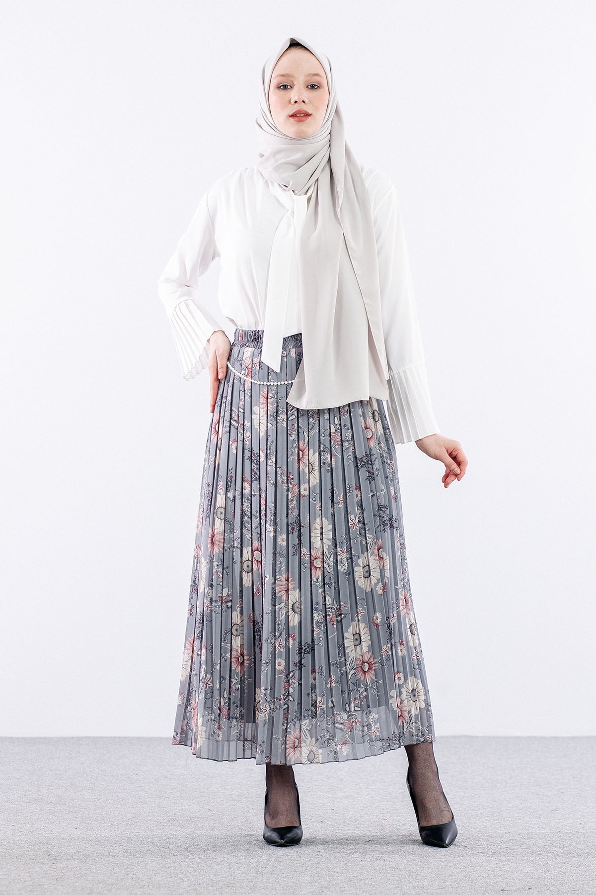 3023 Etek 38-46 Pliseli şifon - Gri - 1