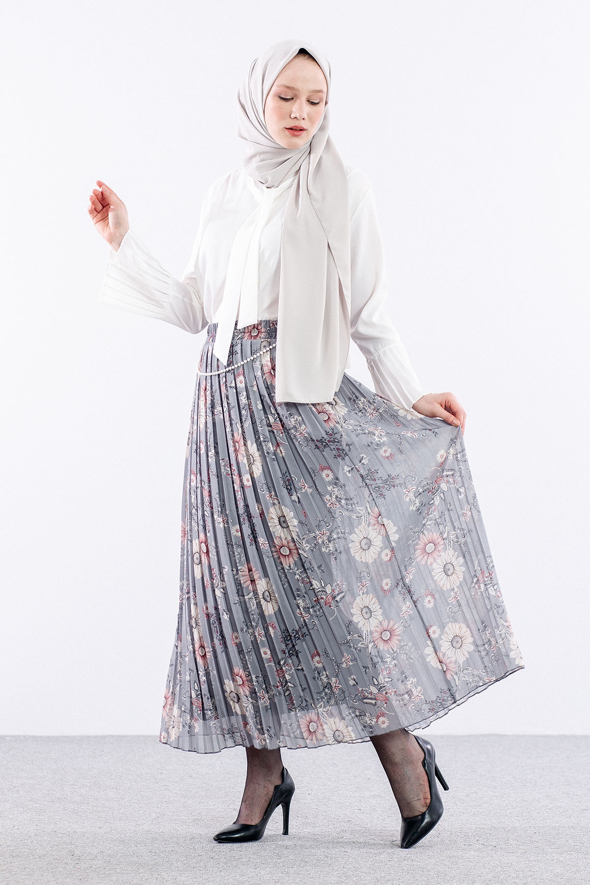 3023 Etek 38-46 Pliseli şifon - Gri - 2