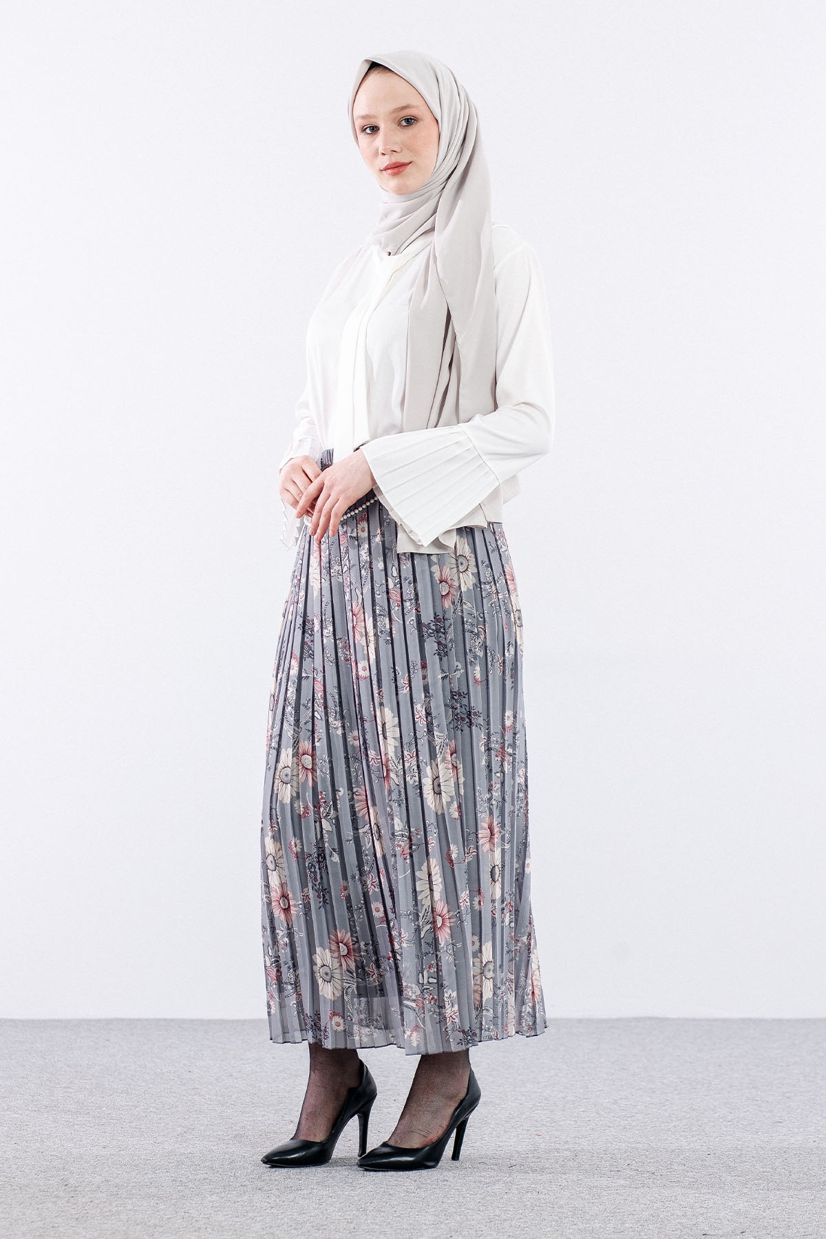 3023 Etek 38-46 Pliseli şifon - Gri - 3