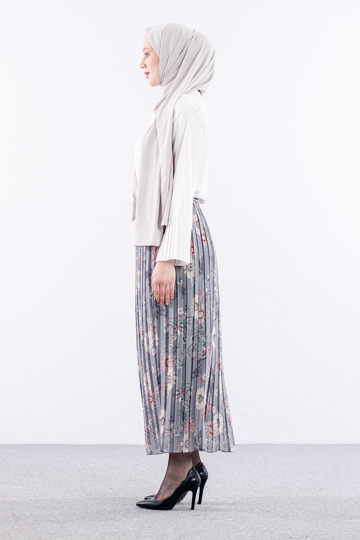 3023 Etek 38-46 Pliseli şifon - Gri - 4