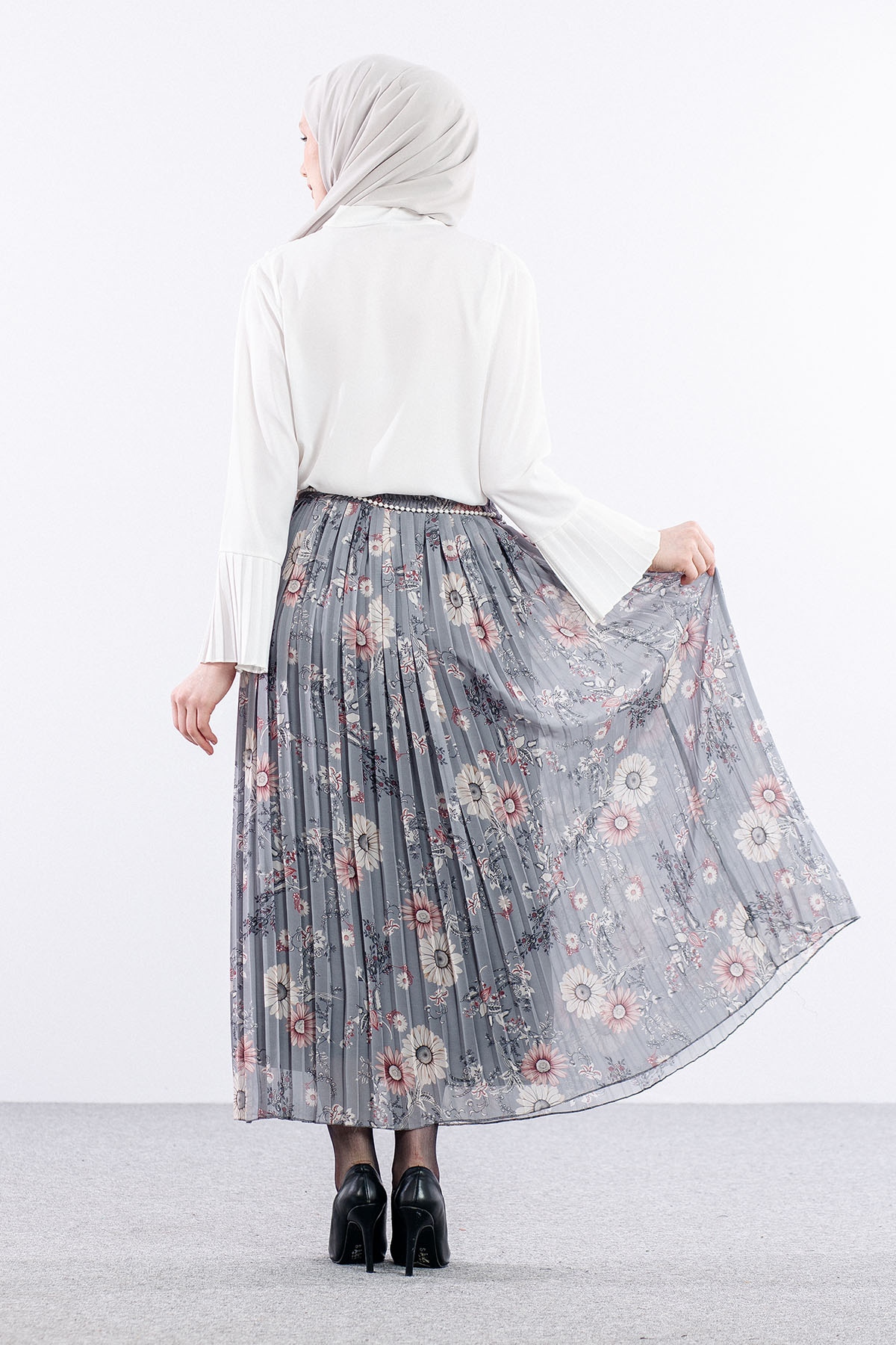 3023 Etek 38-46 Pliseli şifon - Gri - 5