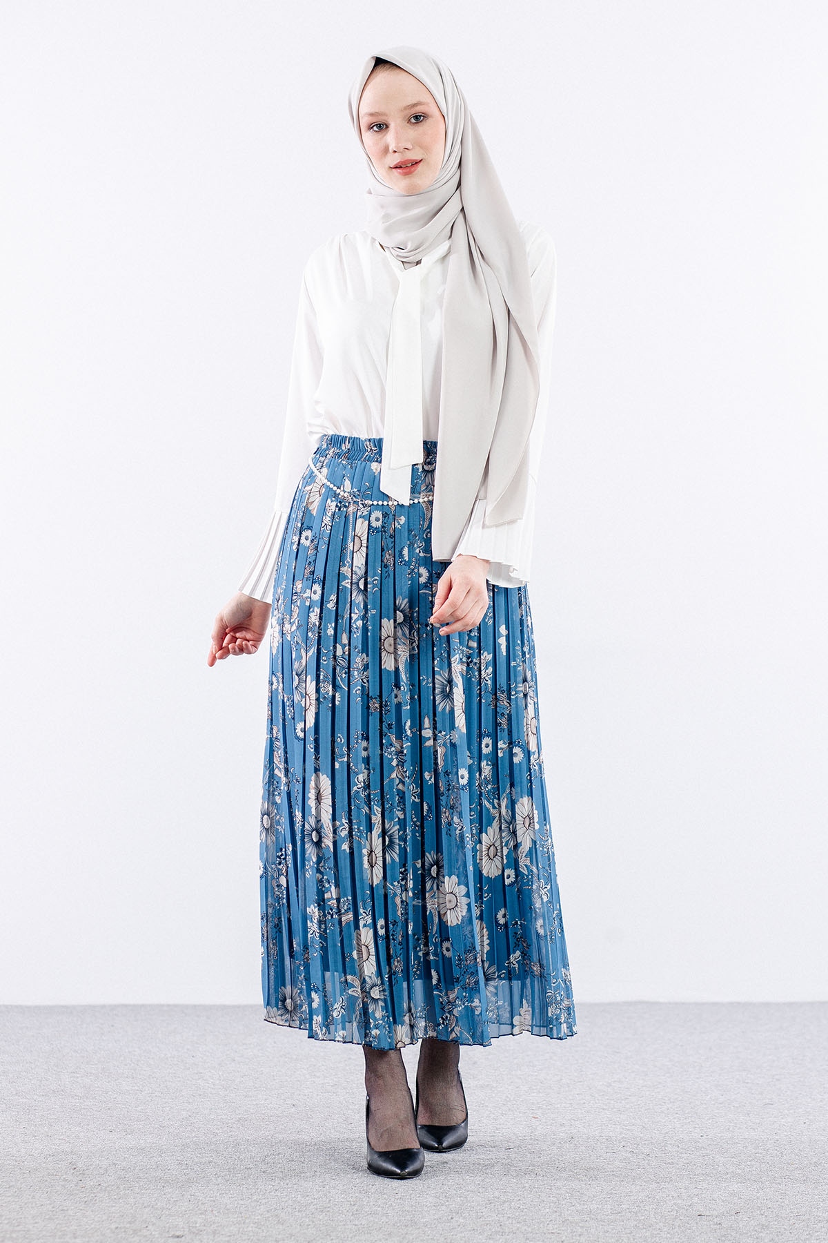 3023 Etek 38-46 Pliseli şifon - Mavi - 1