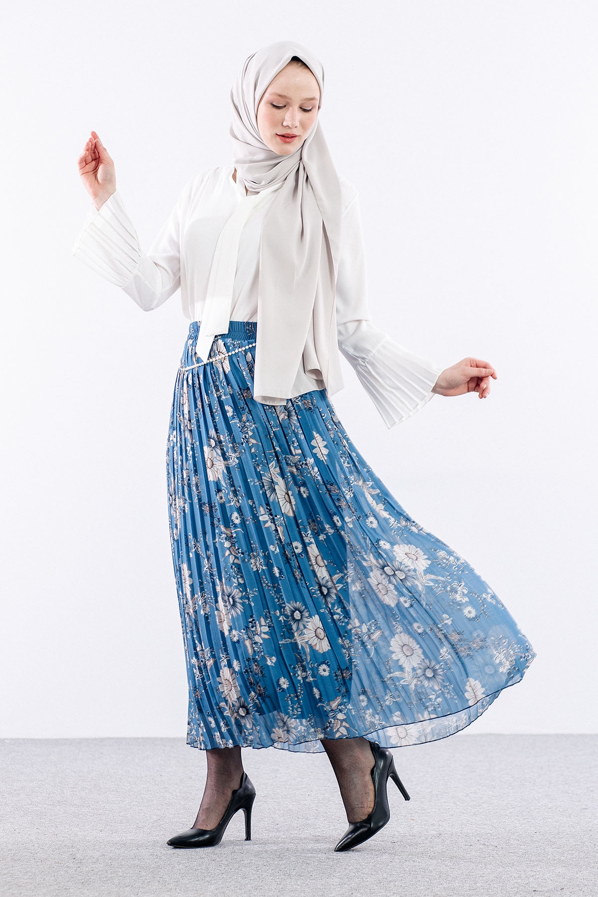 3023 Etek 38-46 Pliseli şifon - Mavi - 2