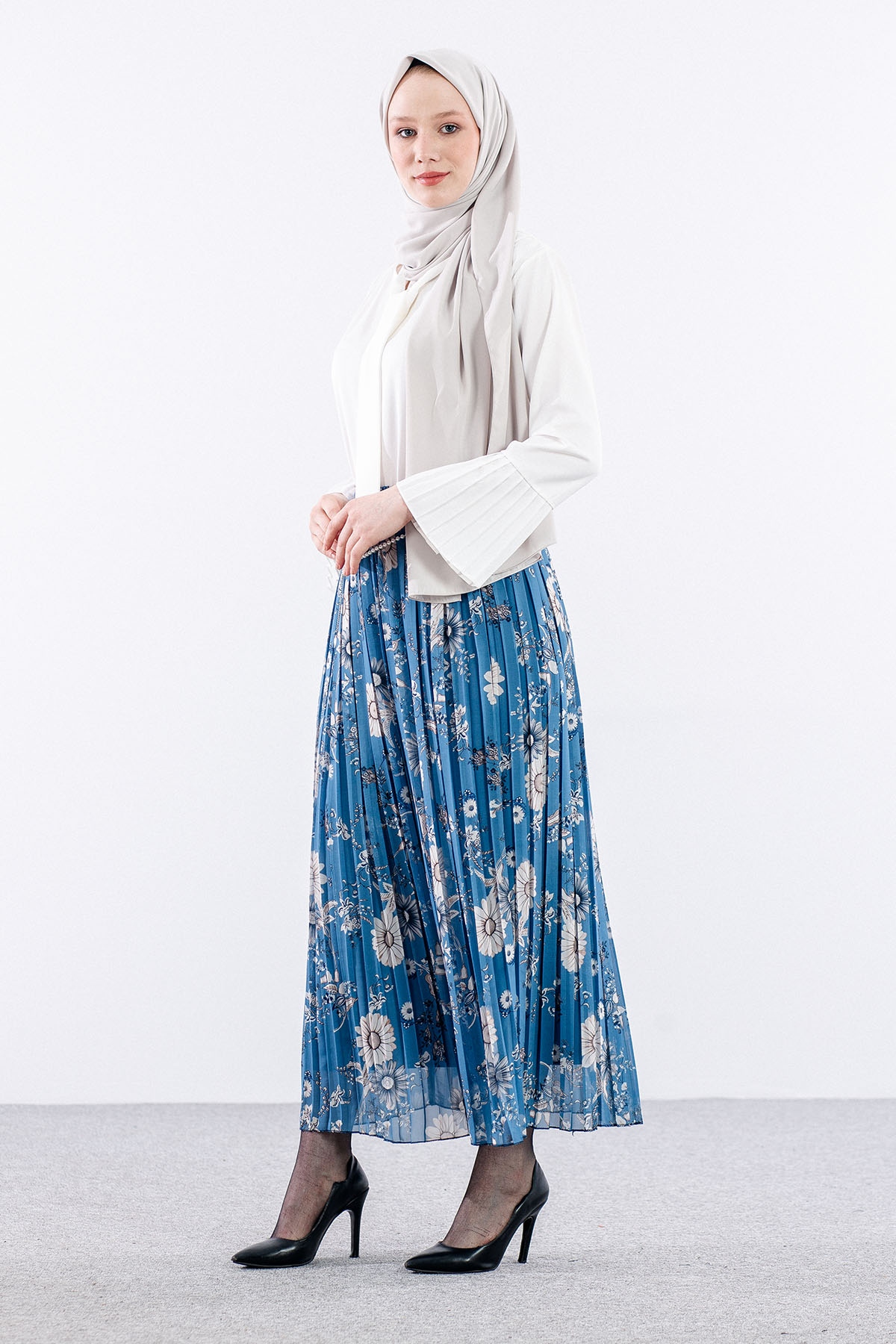 3023 Etek 38-46 Pliseli şifon - Mavi - 3