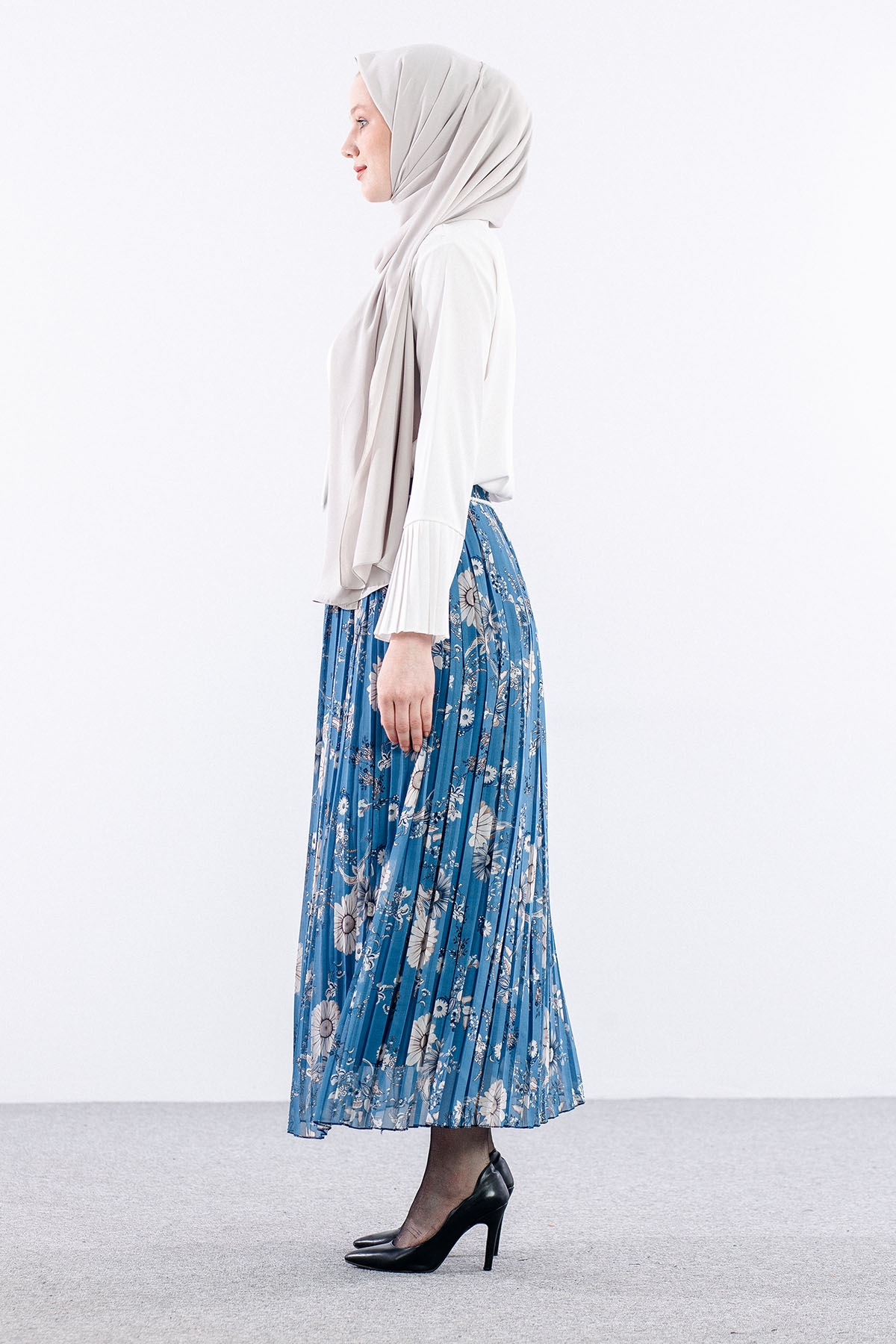 3023 Etek 38-46 Pliseli şifon - Mavi - 4