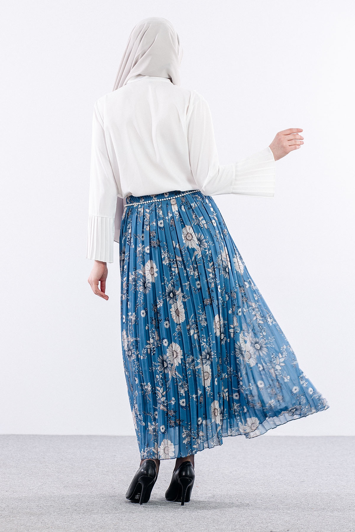 3023 Etek 38-46 Pliseli şifon - Mavi - 5