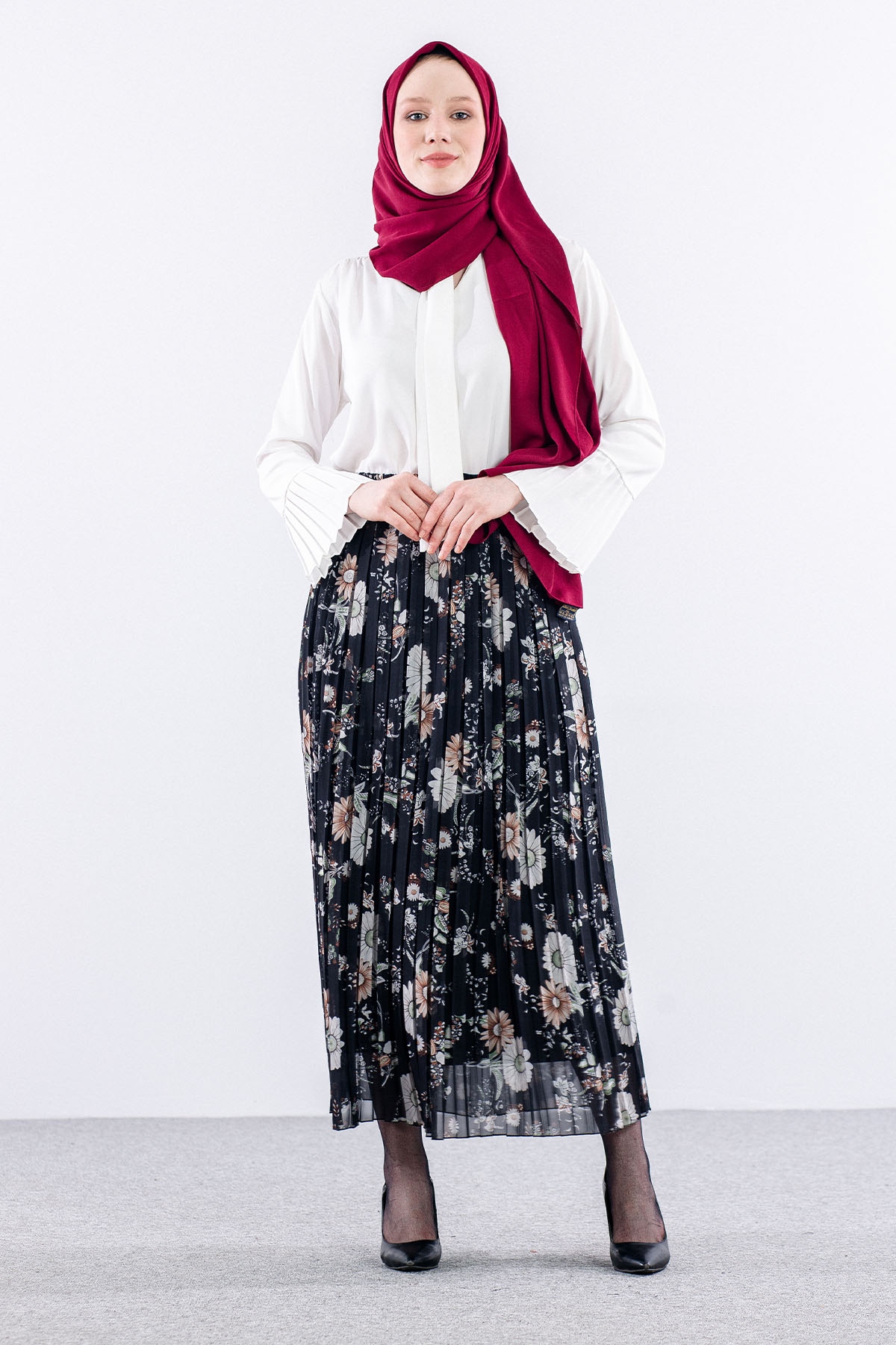 3023 Etek 38-46 Pliseli şifon - Siyah - 1