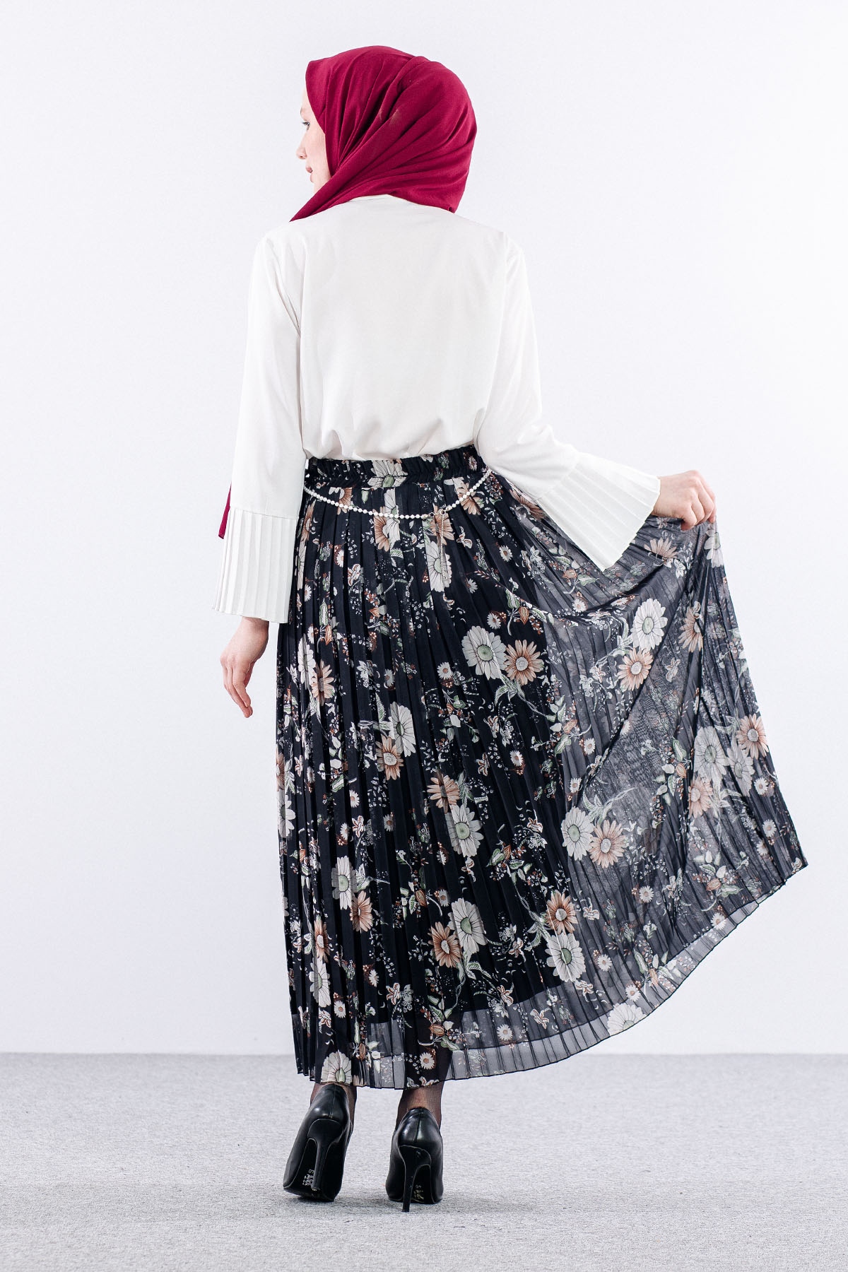 3023 Etek 38-46 Pliseli şifon - Siyah - 5