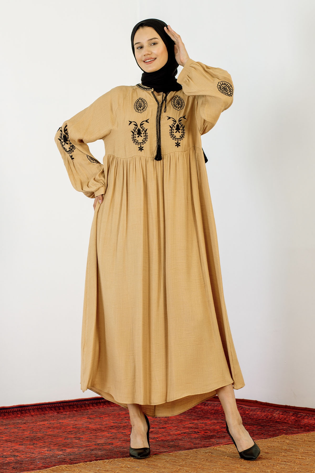 30237 Nakiş Elbise Tek - Camel - 1