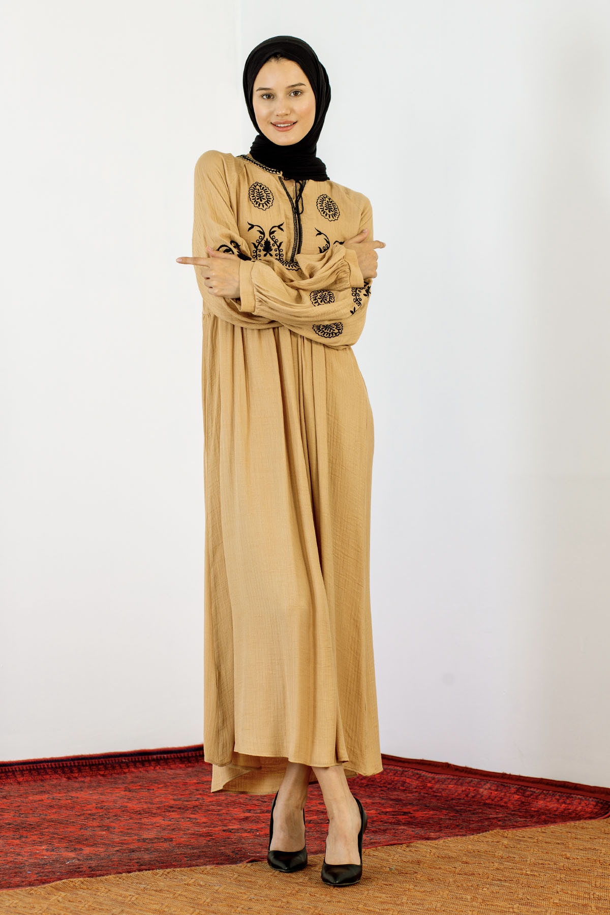 30237 Nakiş Elbise Tek - Camel - 2