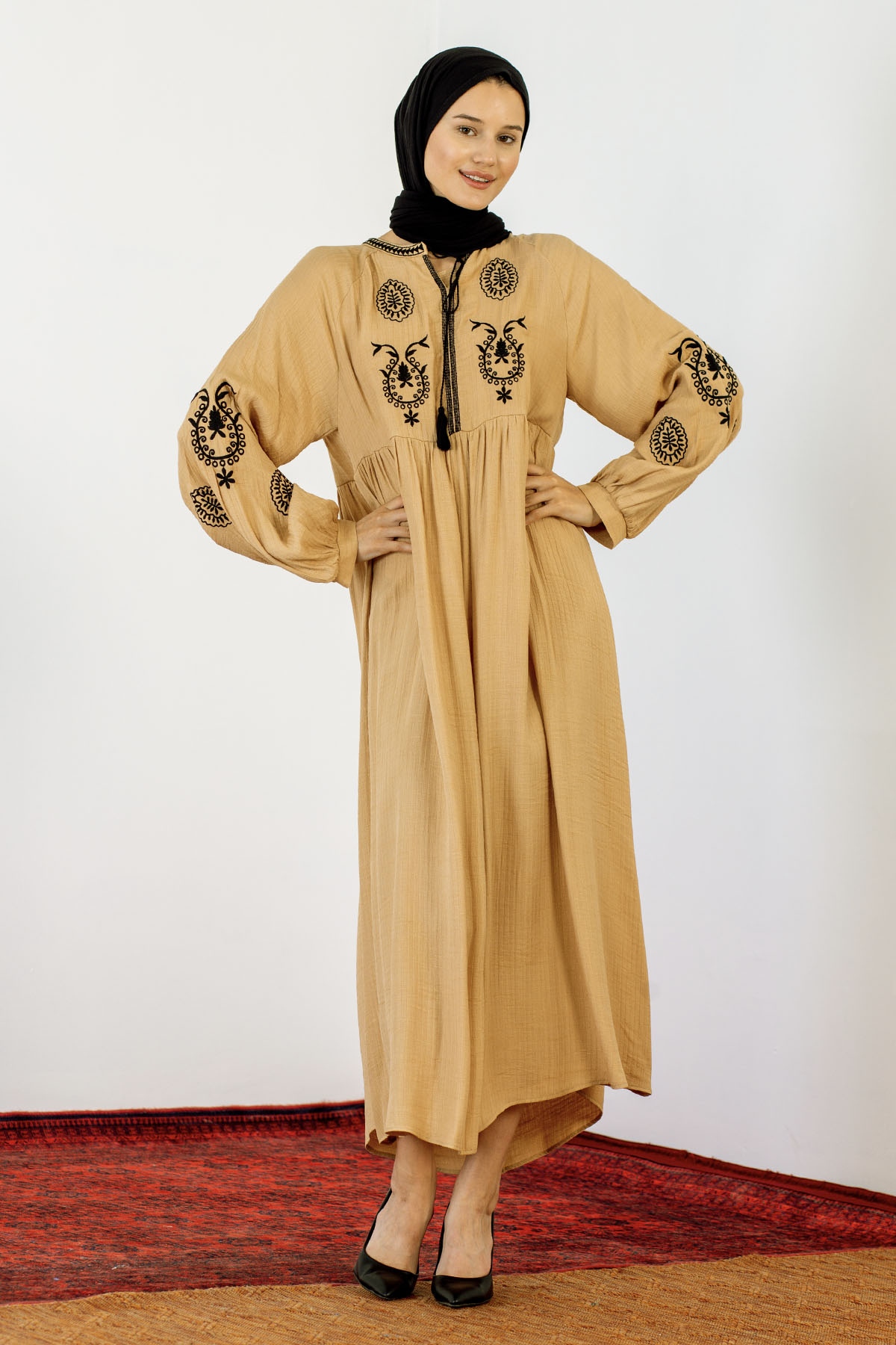 30237 Nakiş Elbise Tek - Camel - 3